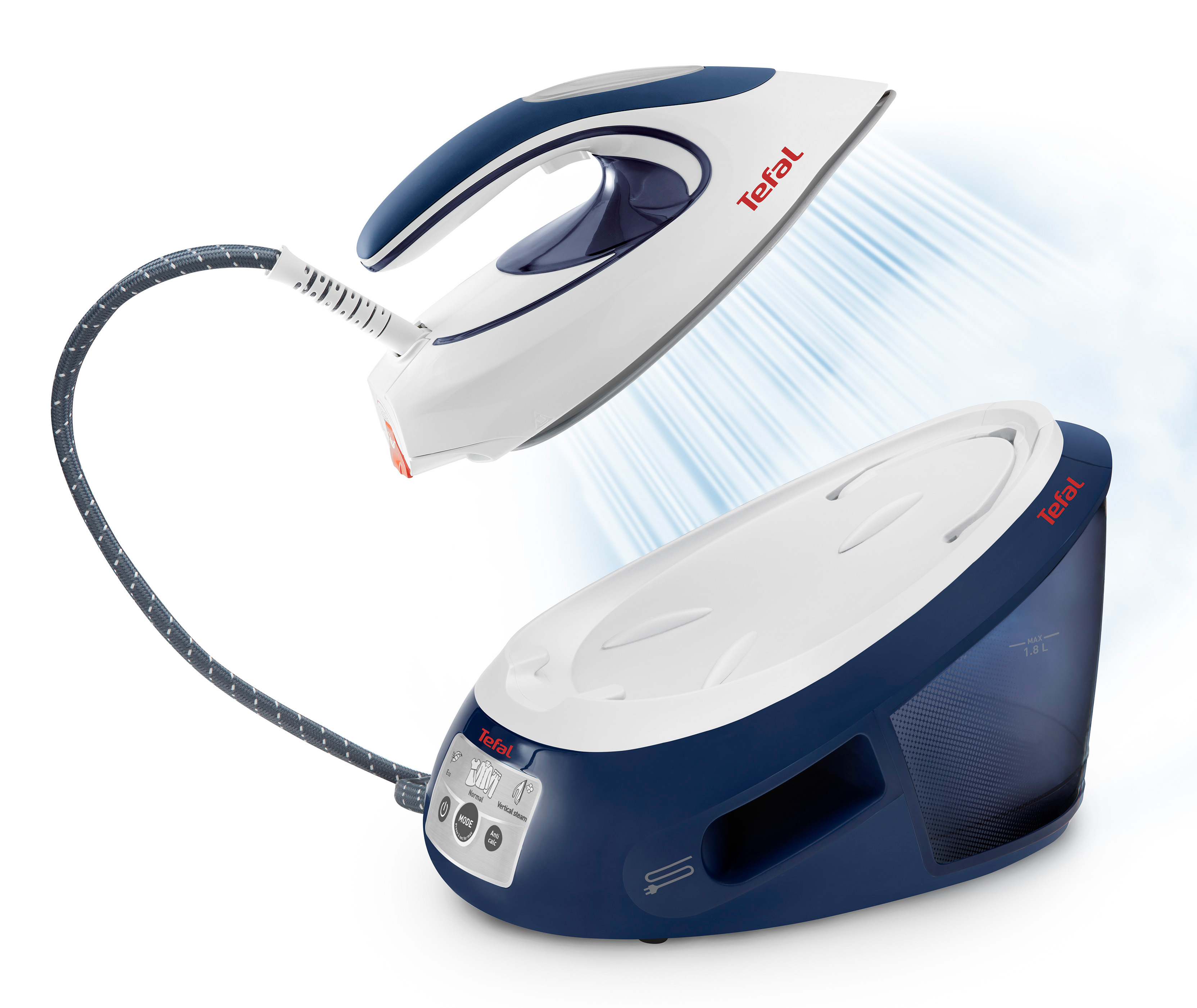 TEFAL Dampfbügelstation SV8053 Express Anti-Calc Weiß/Blau Dampfbügelstation (6,6 bar, 2800 Watt, 1,8 l Wassertank, Weiß/Blau)