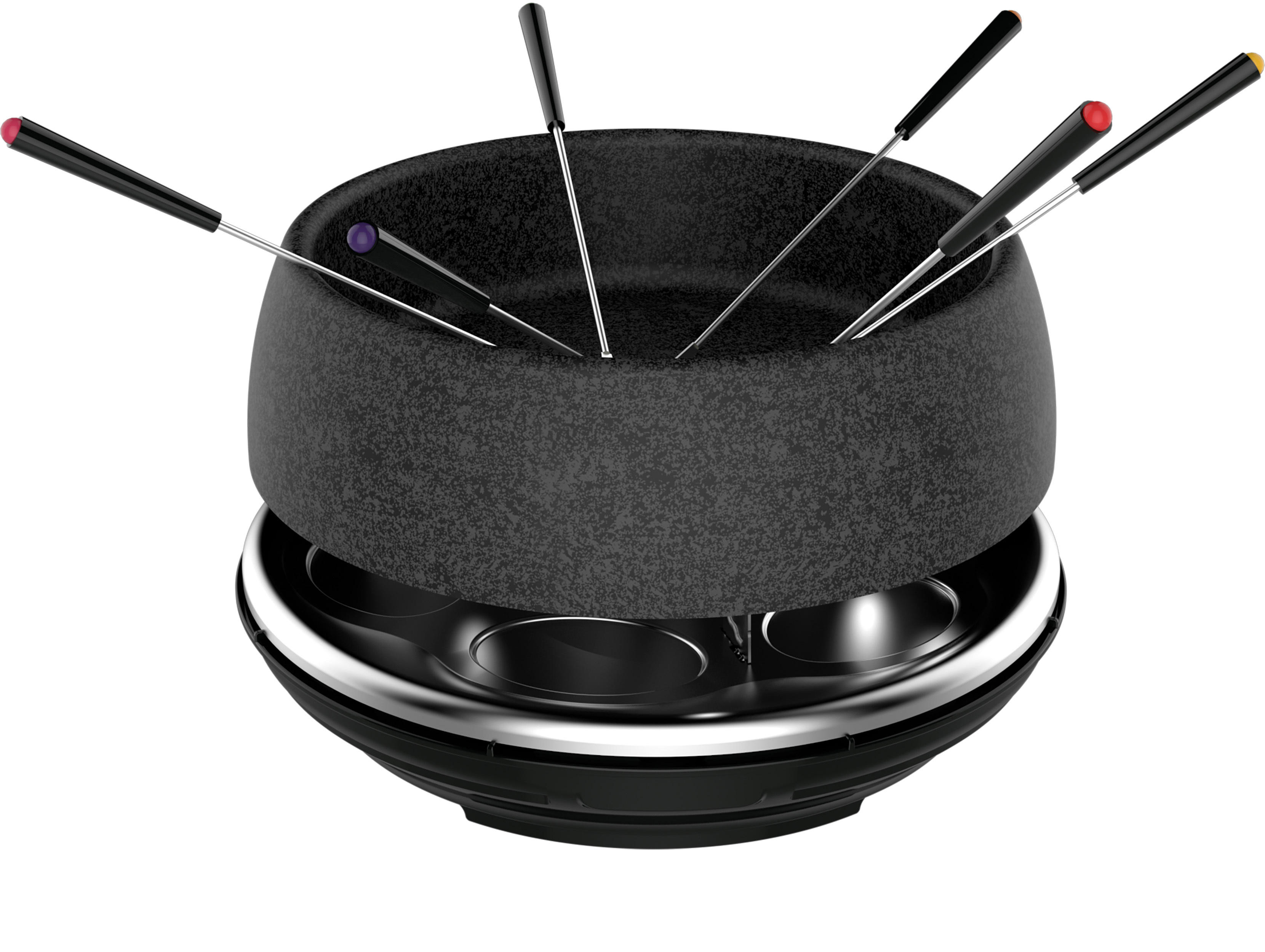 Fondue-Topf mit Gabeln. Der Topf ist schwarz und hat einen silbernen Sockel.