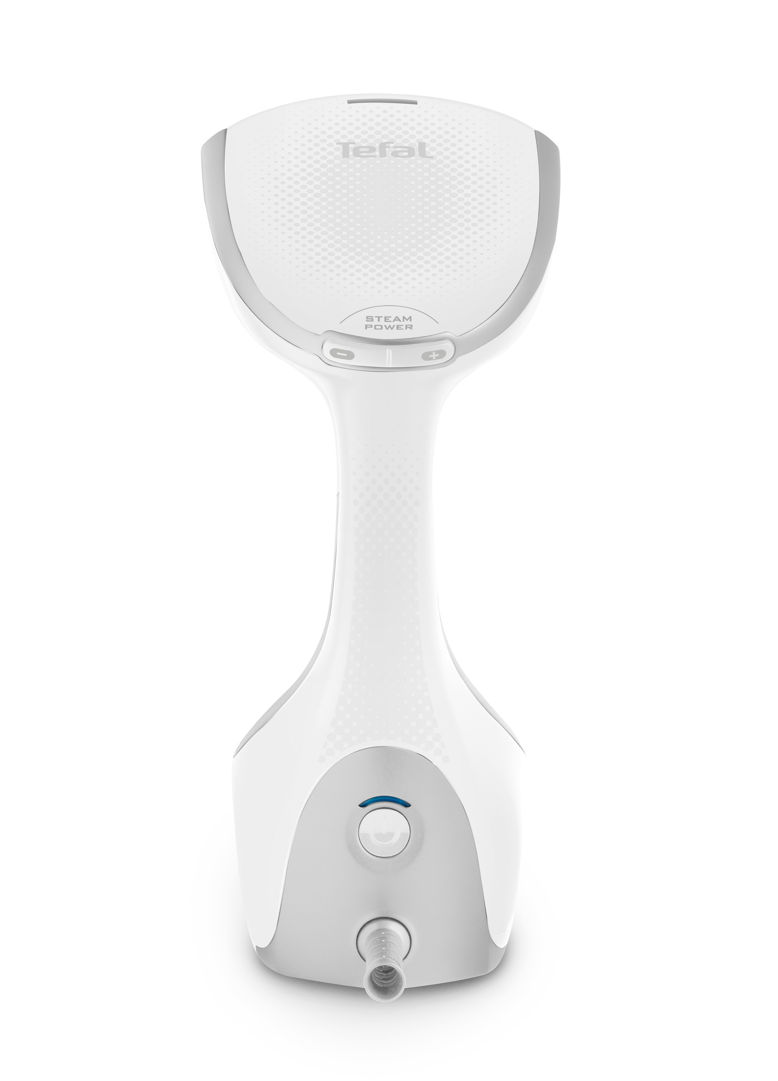 Ein weißer und grauer Kleidungsdampfer wird gezeigt. Die Oberseite hat das Tefal-Logo. Der Griff hat Knöpfe.