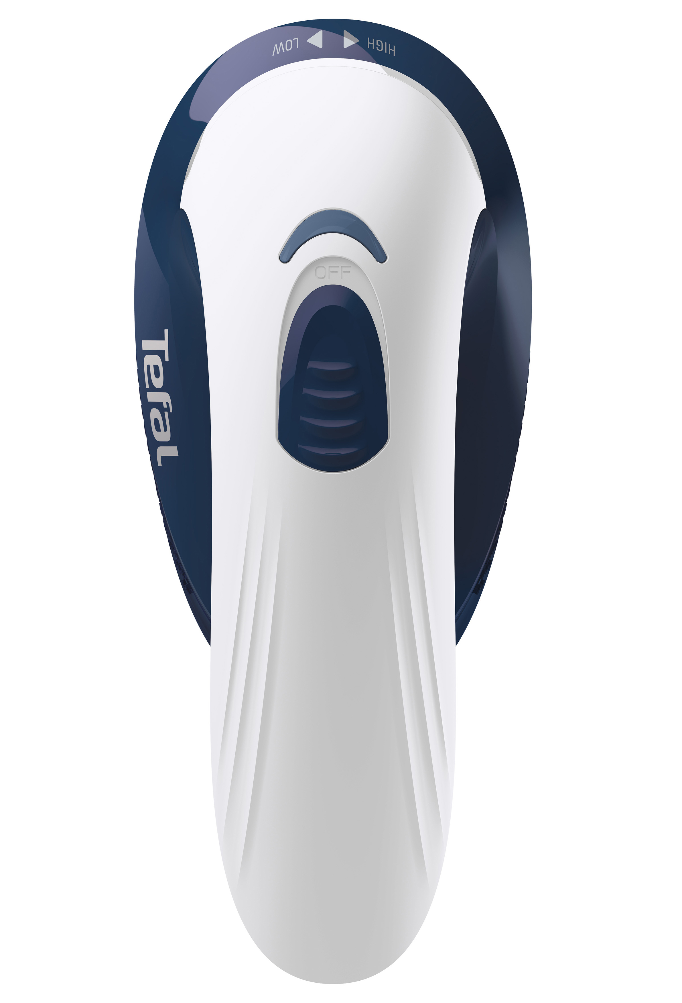 Ein weißer und marineblauer Handdampfer für Kleidung. Der Markenname Tefal ist auf der Seite aufgedruckt.