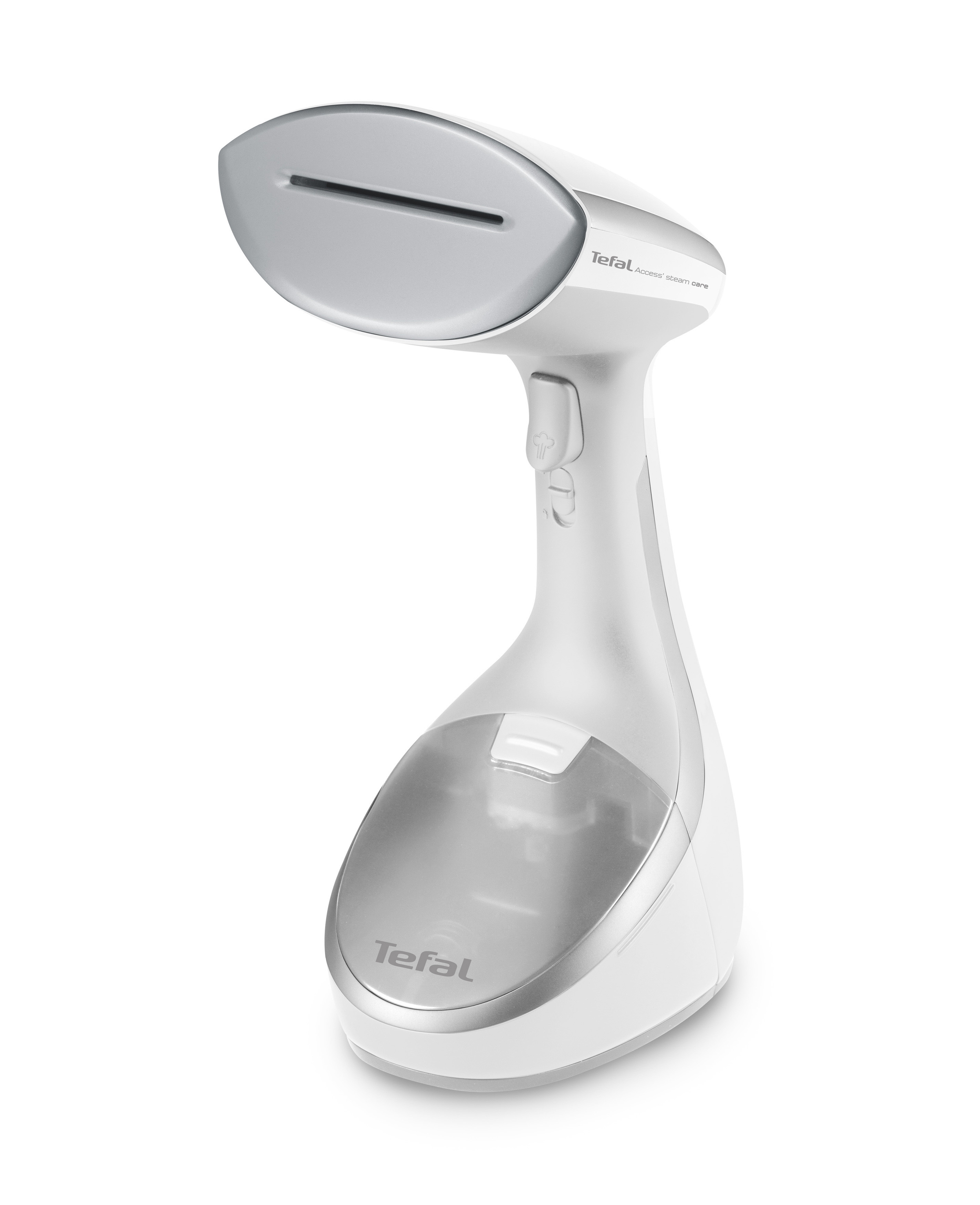 Ein weißer Tefal Handdampfgarer. Es hat einen Wassertank und einen Dampfkopf.