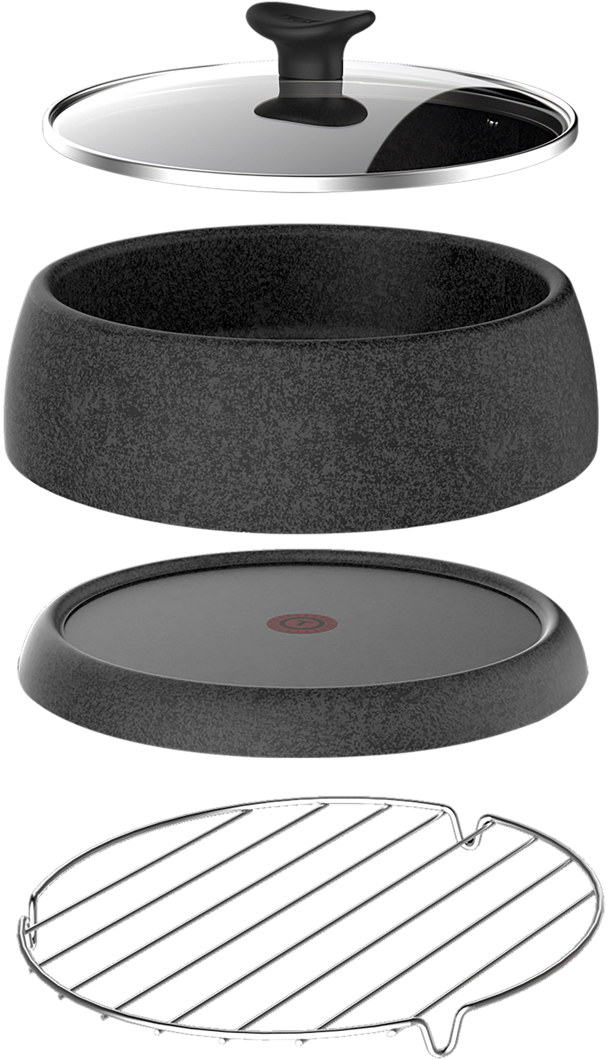 Ein zerlegtes schwarzes Küchengerät. Enthält einen Deckel, einen Körper, eine Basis und einen Grill.