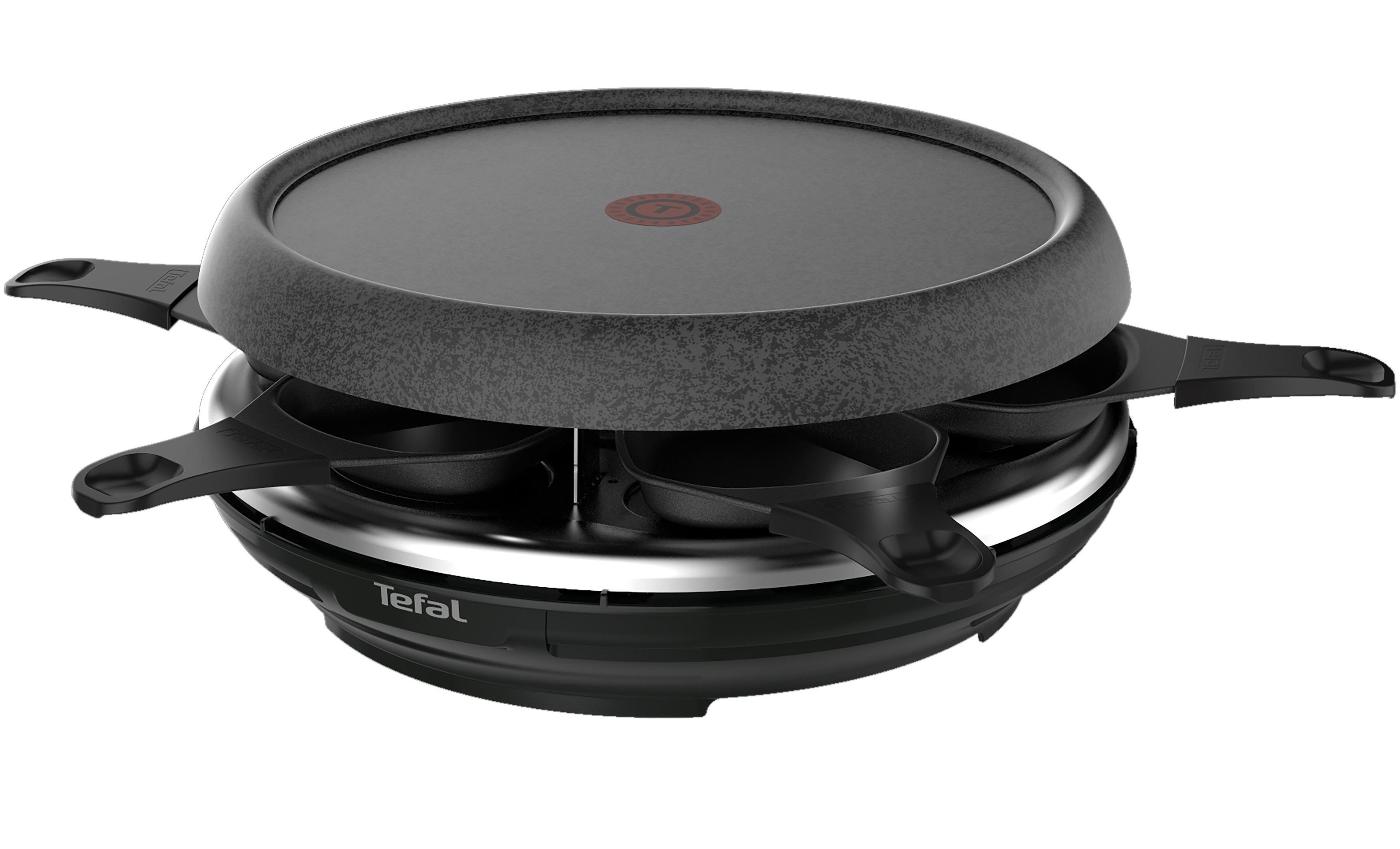 Ein schwarzer Raclette-Grill mit acht Pfannen und einer runden Kochfläche.