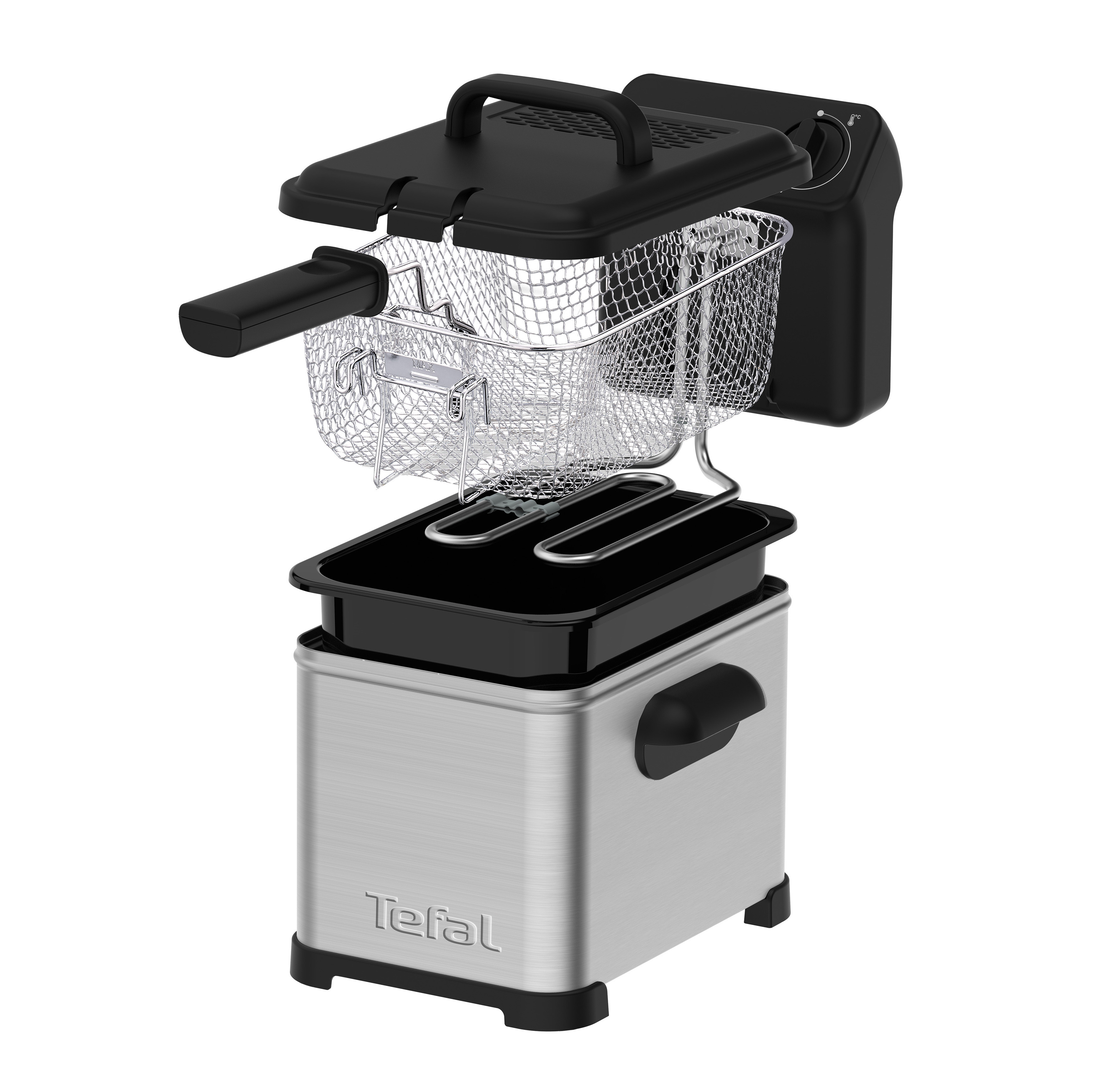 Silberne Tefal Fritteuse, Korb angehoben, Deckel offen.