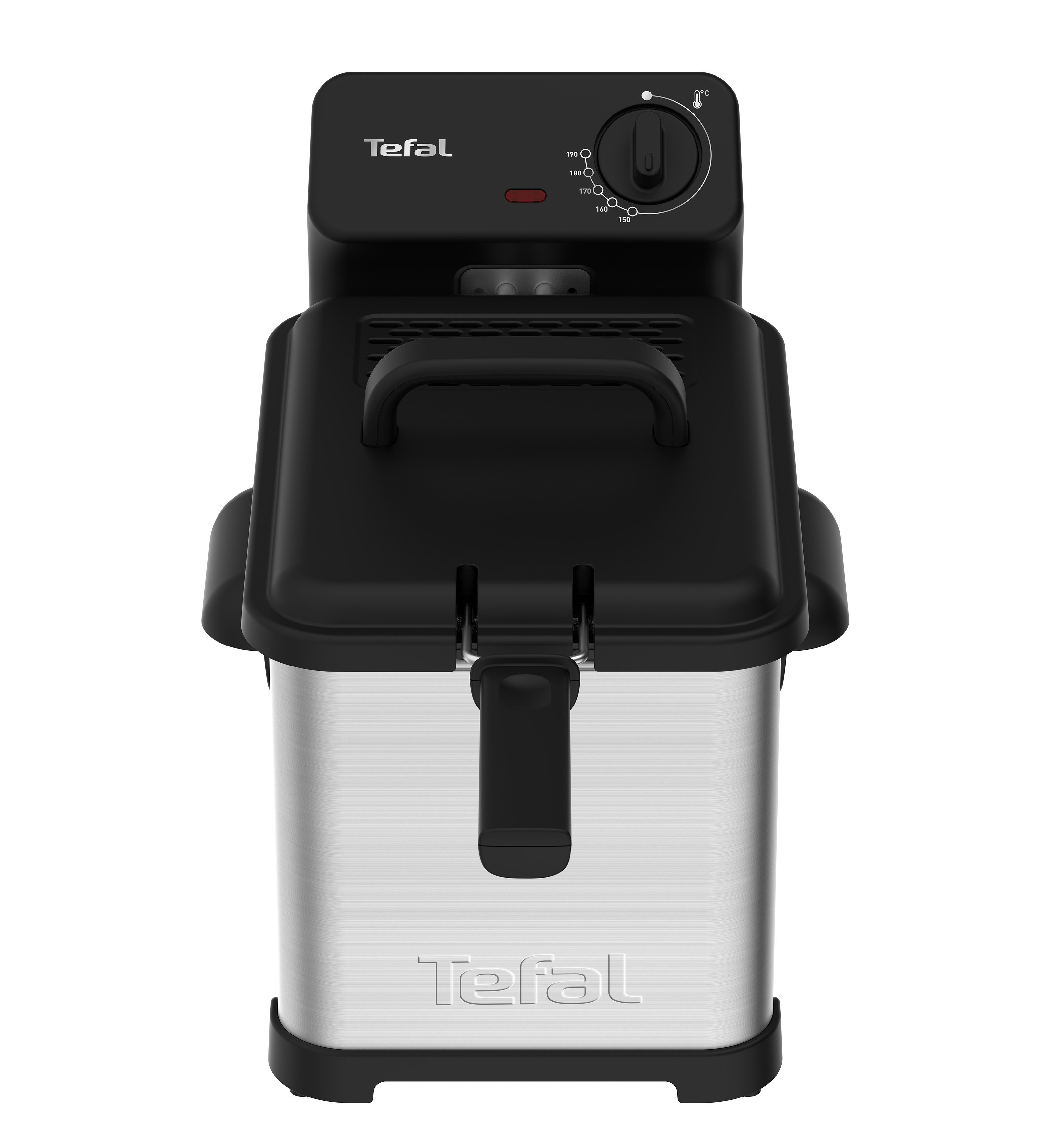 Schwarze und silberne Fritteuse, Draufsicht. Hat einen Drehregler, einen Griff und das Tefal-Logo.