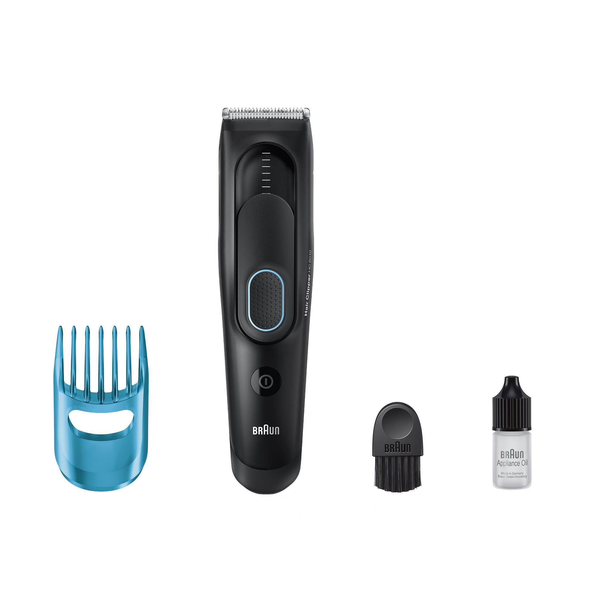 Braun Haarschneider-Set: Haarschneider, blauer Kamm, Bürste und Ölflasche. Schwarz-Blau-Farbschema.