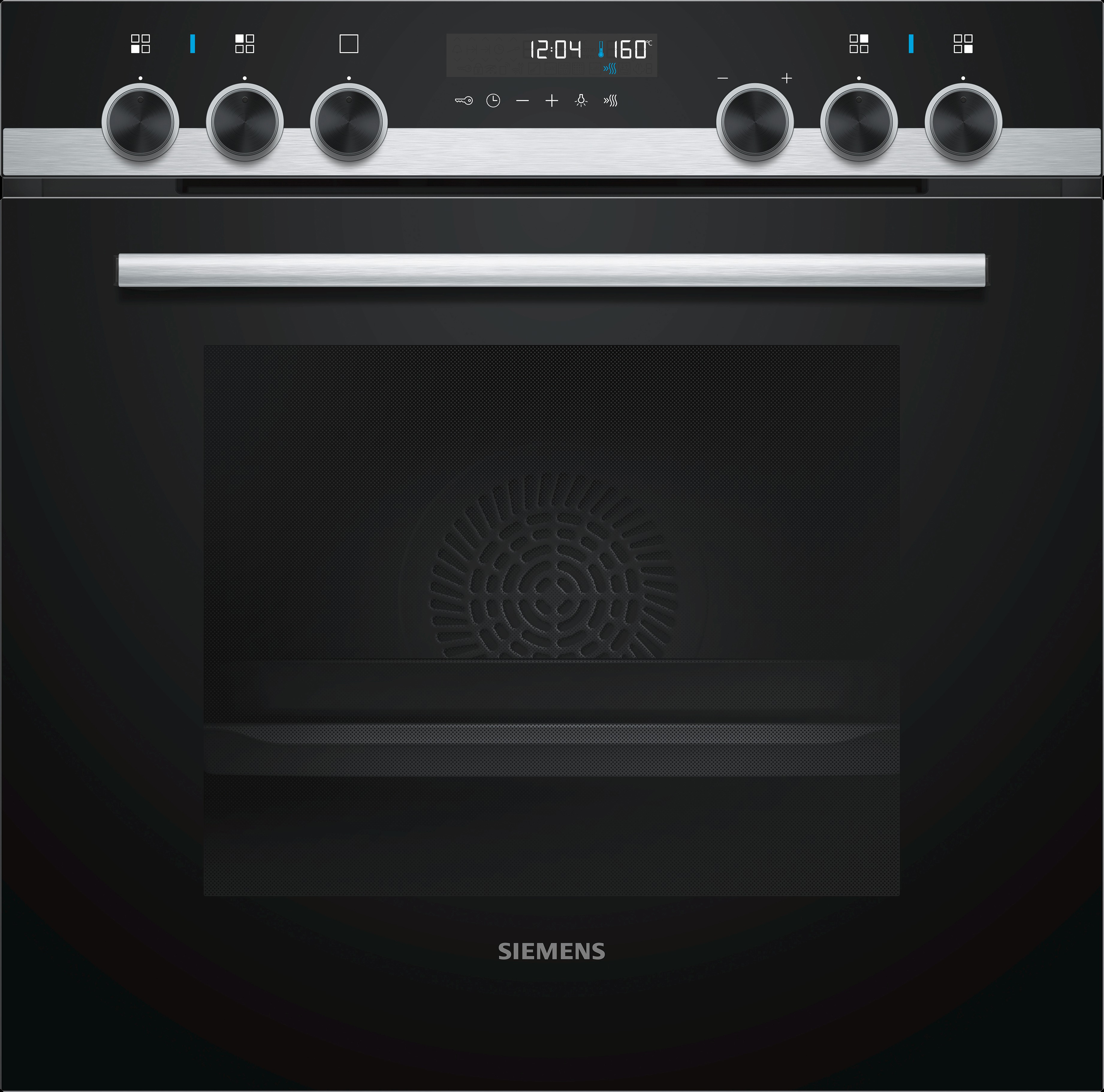 Einbau-Backofen, schwarze Tür, Bedienfeld mit Display und Knöpfen oben.