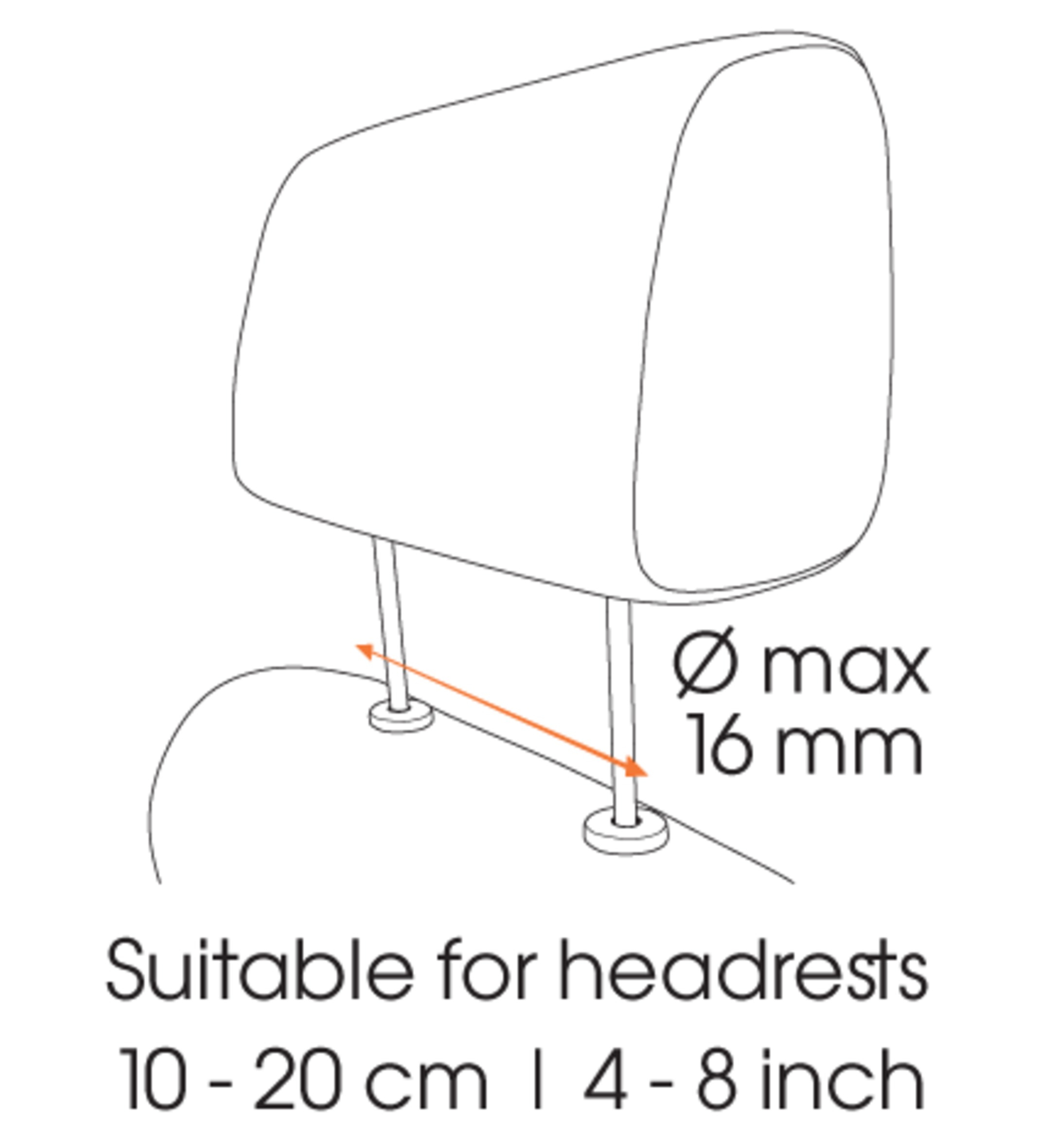 Diagrama de reposacabezas con dimensiones. Muestra un reposacabezas con un diámetro máximo de 16 mm.
