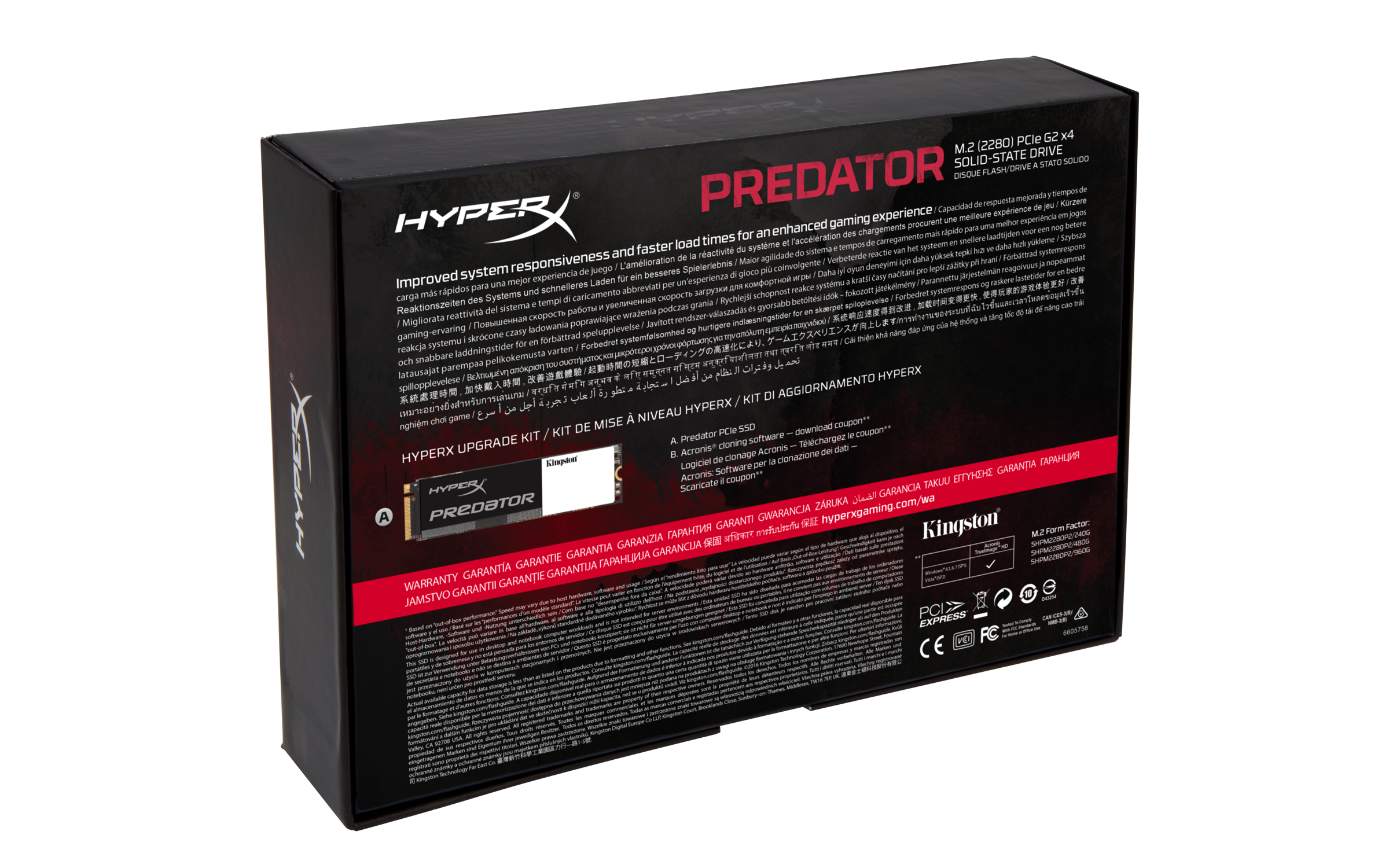 Beyaz zemin üzerinde metin ve detayların bulunduğu siyah ve kırmızı HyperX Predator SSD kutusu.