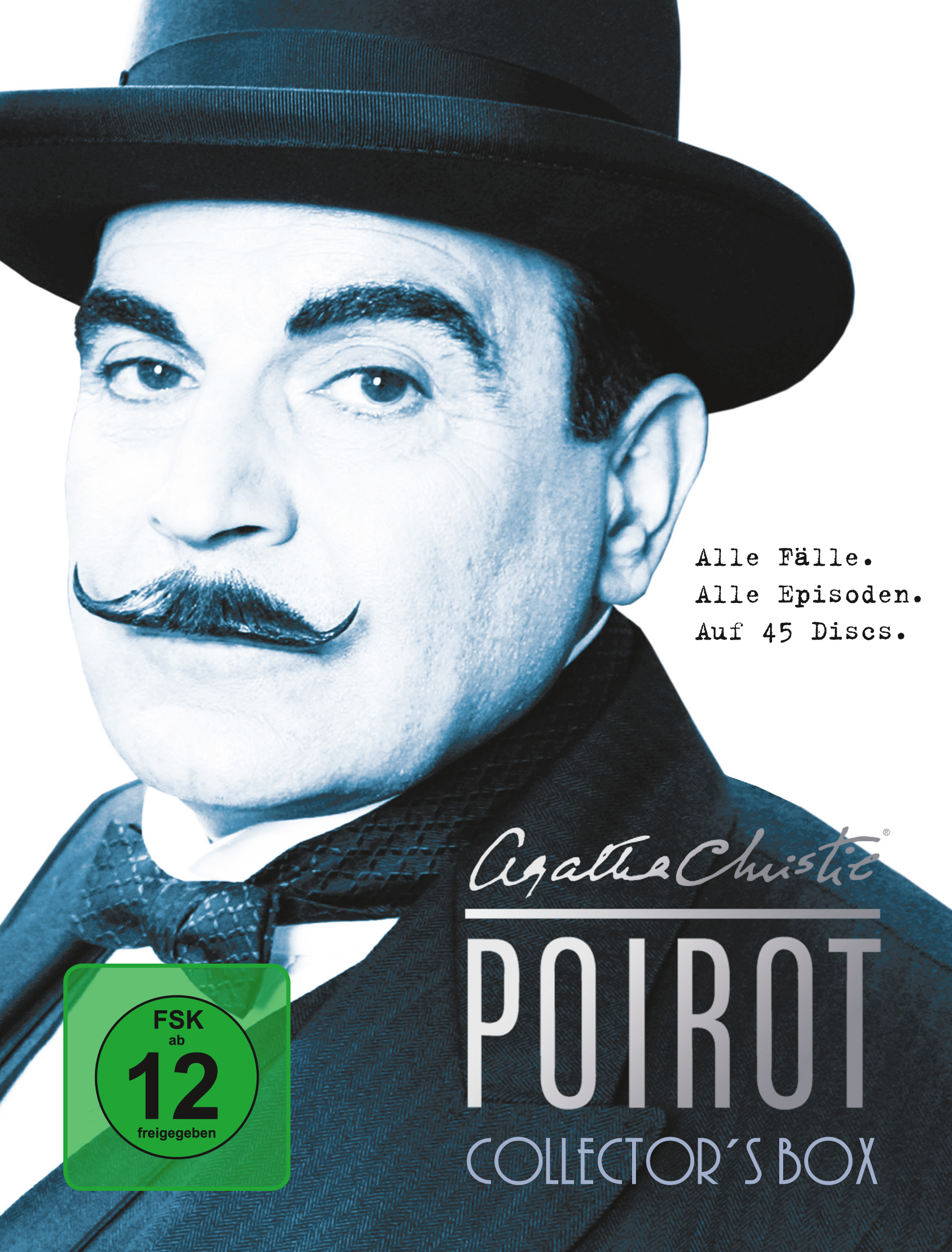 DVD-Boxset von Agatha Christies Poirot, mit Porträt und Text.