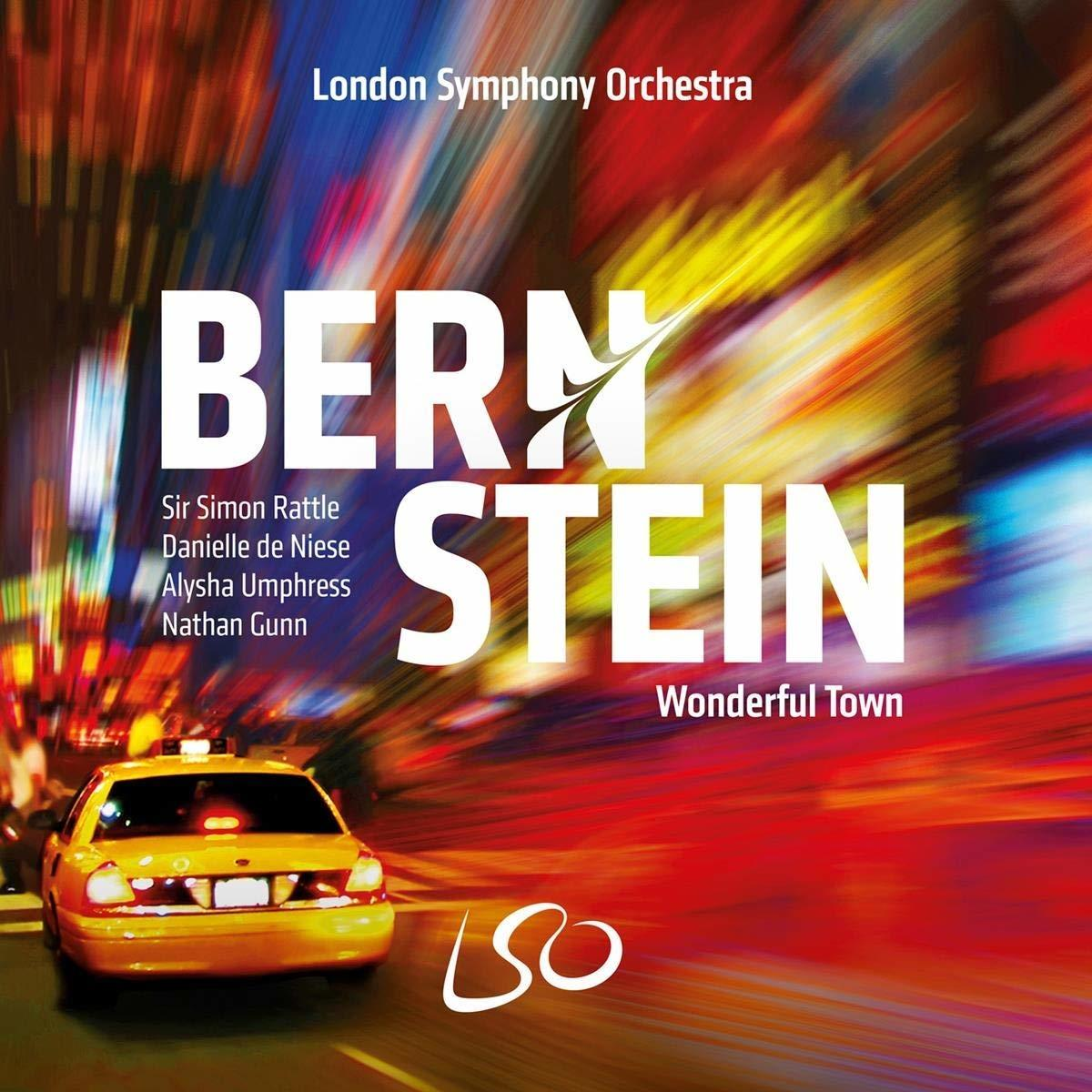 Albumcover für "Bernstein - Wonderful Town" mit gelbem Taxi, roten und gelben verschwommenen Lichtern.