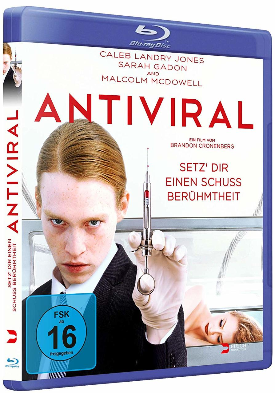Blu-ray-Hülle des Films 'Antiviral' mit einer Person mit einer Spritze.