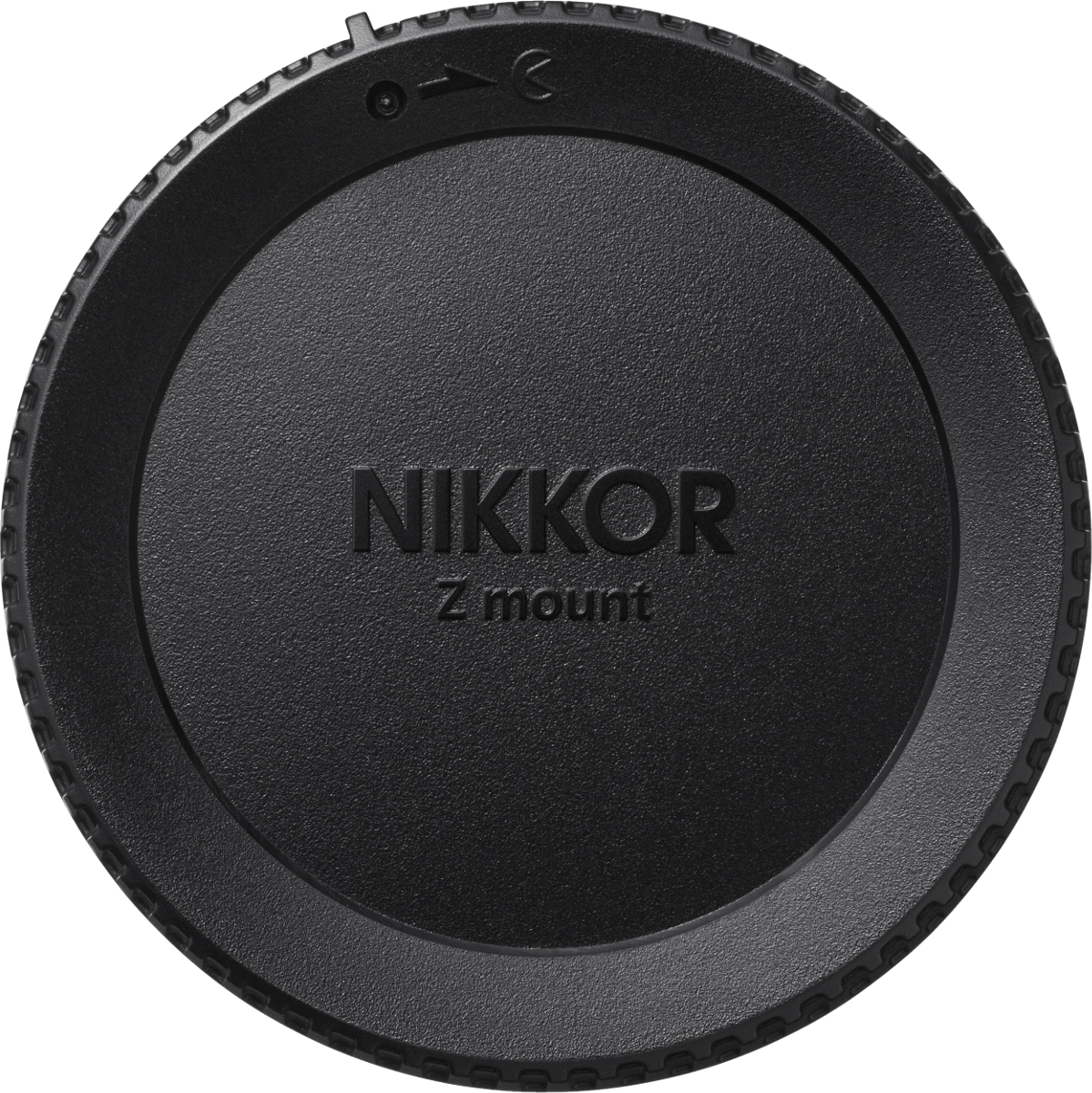 Bouchon d'objectif noir avec le mot NIKKOR et monture Z écrit dessus.