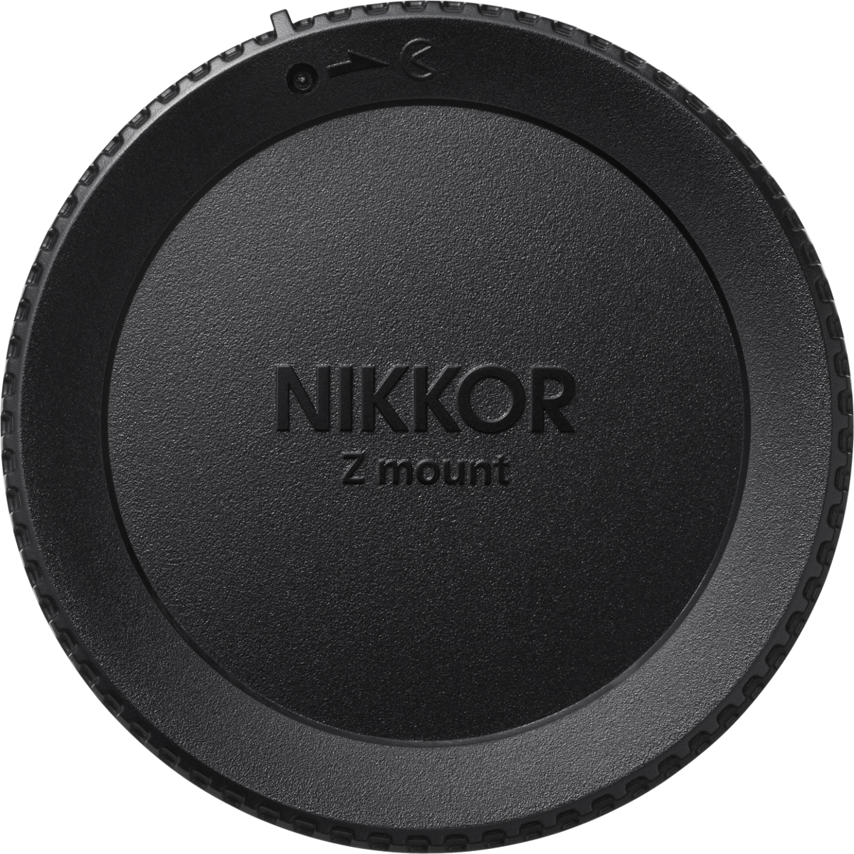 Bouchon d'objectif Nikon noir avec le nom de la marque et le texte sur fond noir.