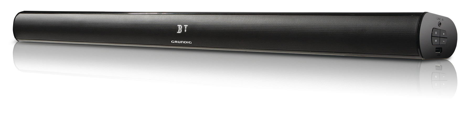 Schwarze Soundbar mit BT-Logo, Knöpfen und Anschlüssen.