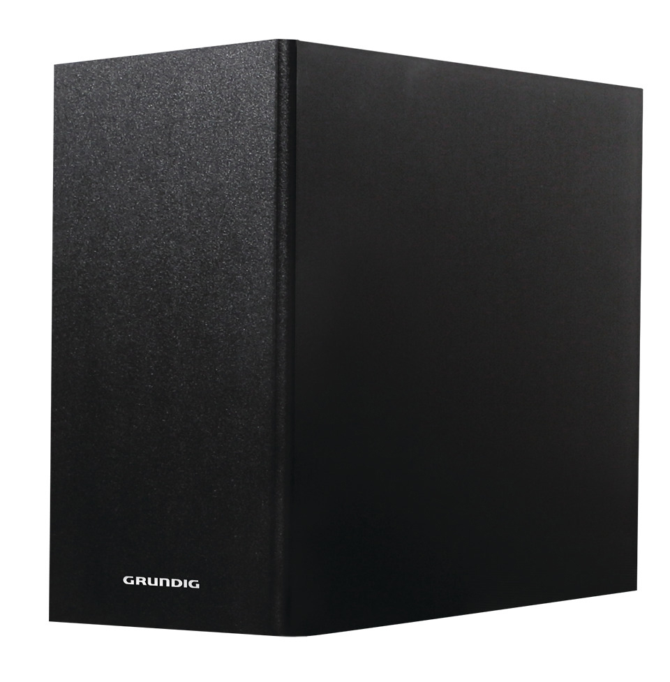 Eine schwarze Grundig Soundbar. Die Soundbar ist rechteckig und hat das Grundig-Logo unten.