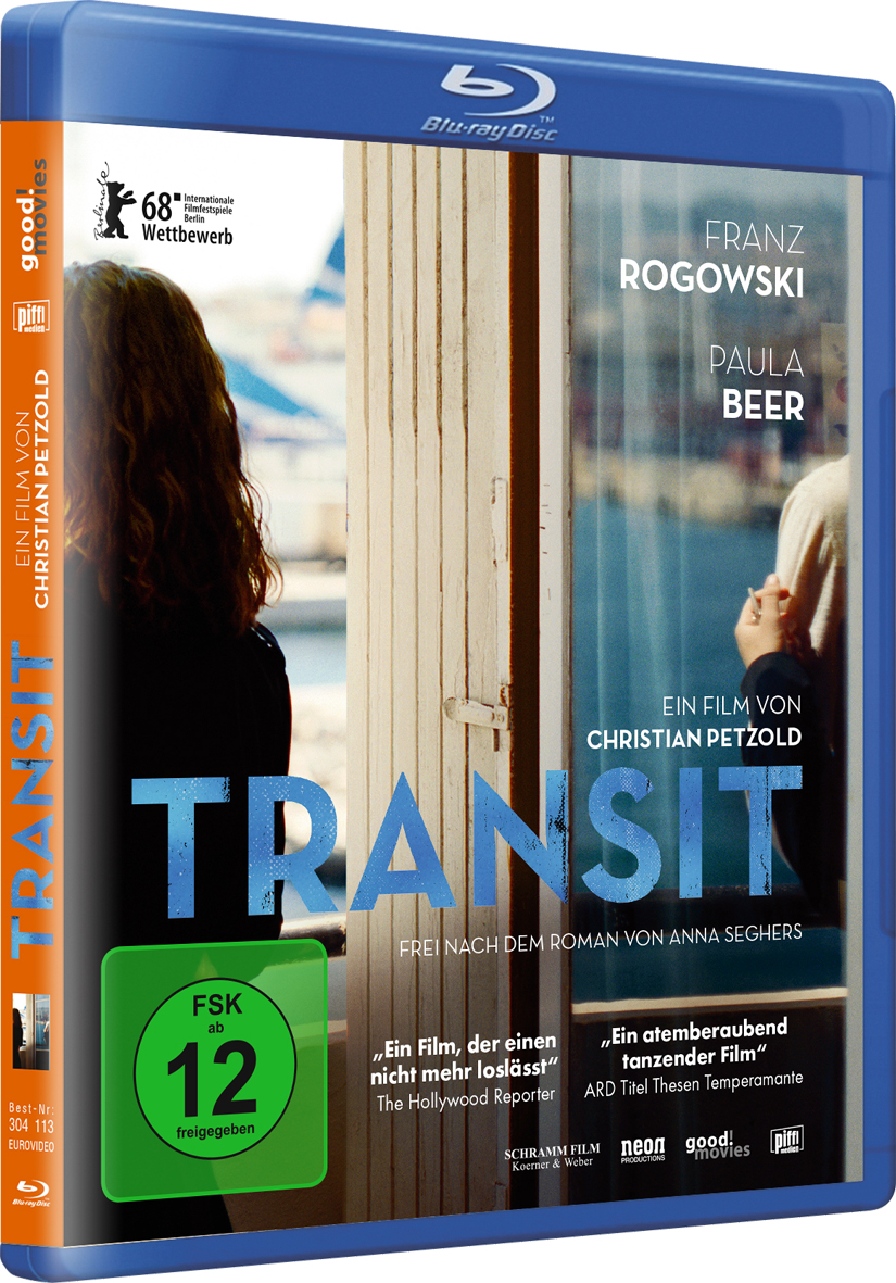 Blu-ray-Hülle mit dem Filmtitel 'Transit'. Mit den Schauspielern Franz Rogowski und Paula Beer. Grüner FSK 12-Aufkleber sichtbar.