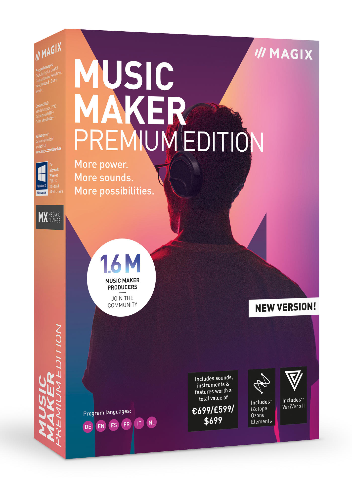 Doos van de Music Maker Premium Edition software. Toont een persoon met een koptelefoon.
