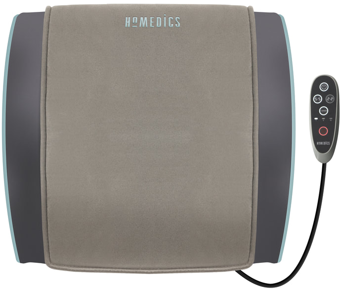 Coussin de massage gris avec commande et câble noir sur fond blanc.