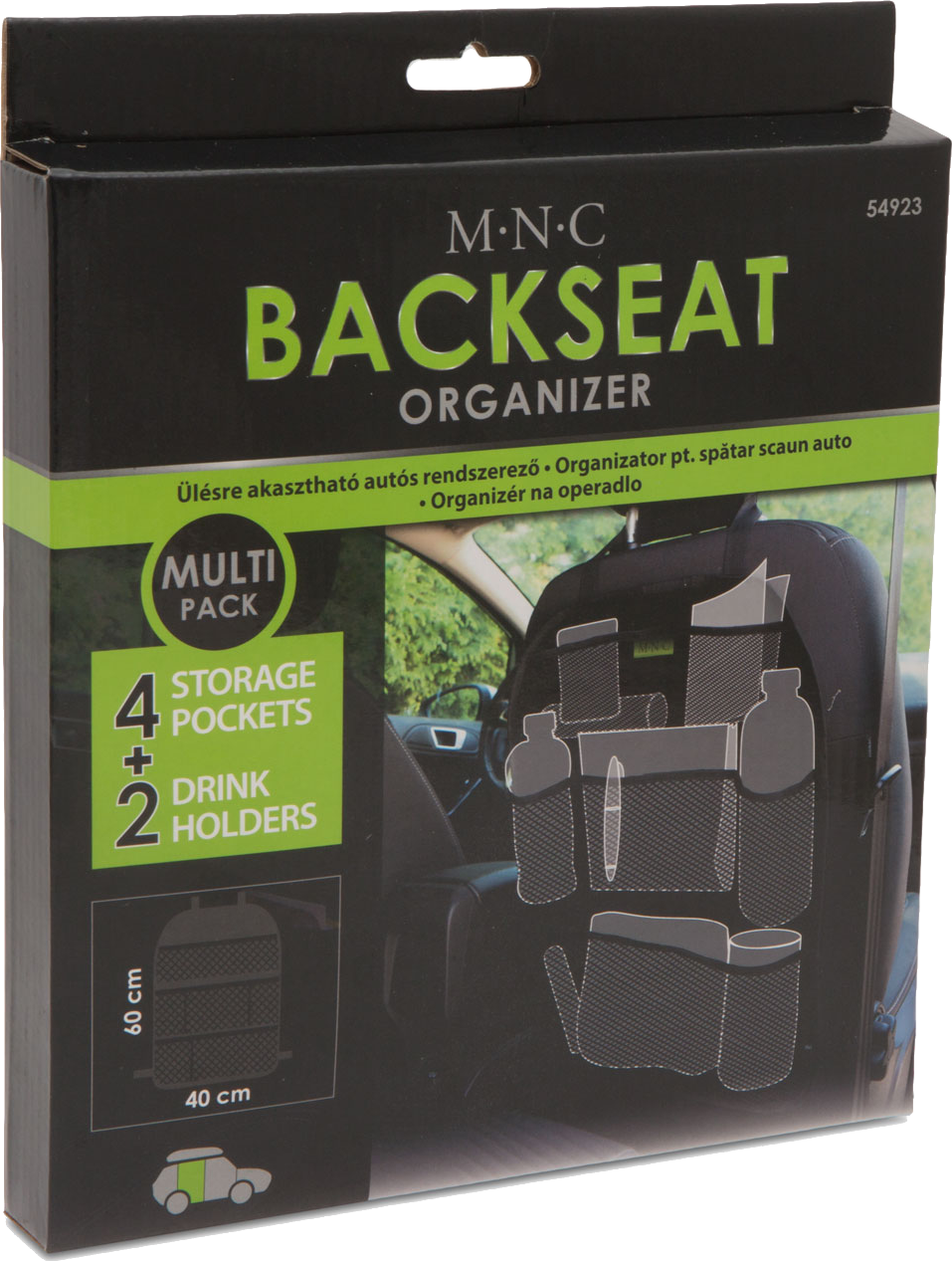 Fekete autó hátsó ülés rendszerező zsebekkel, italtartókkal, és a szöveg: M.N.C. BACKSEAT ORGANIZER.