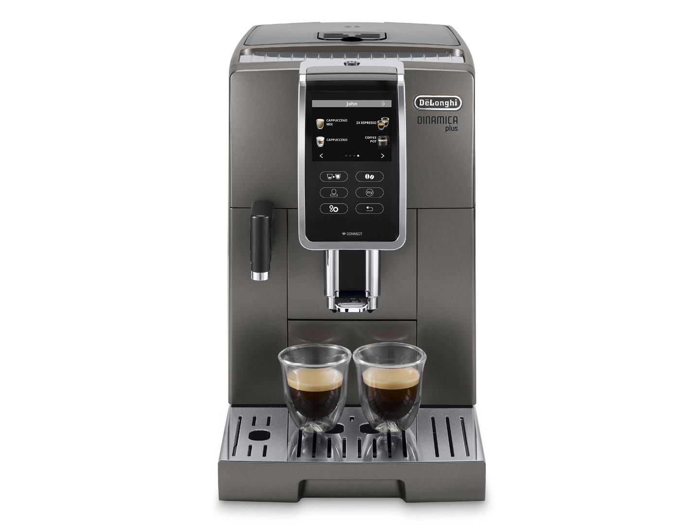 Machine à café avec un écran et deux verres. Elle a un design gris et un look moderne.
