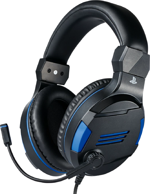Schwarz-blaues Gaming-Headset mit Mikrofon, vor dunklem Hintergrund.