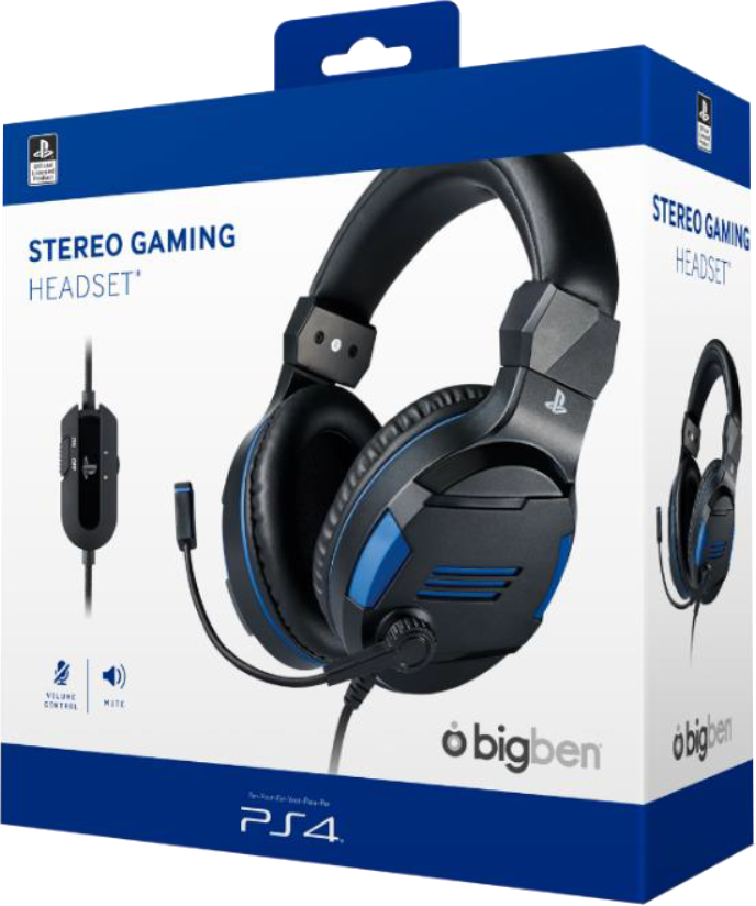 Headset-Box mit Headset, schwarz-blaues Design. Die Box hat das PS4-Logo.