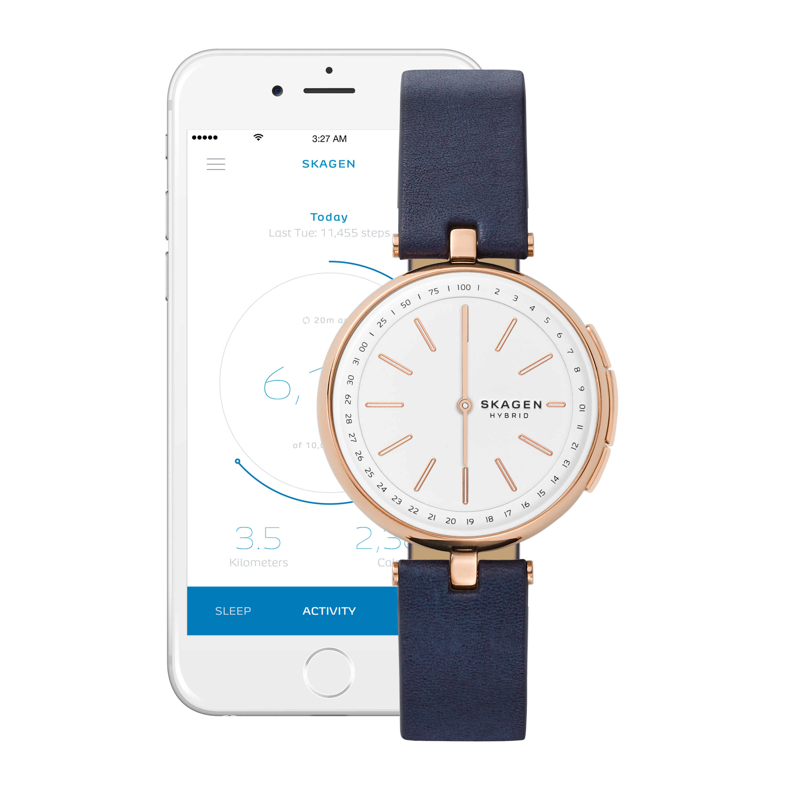 MISFIT Signatur T-Bar Smartwatch Echtleder, 175 mm, Rosegold/Blau