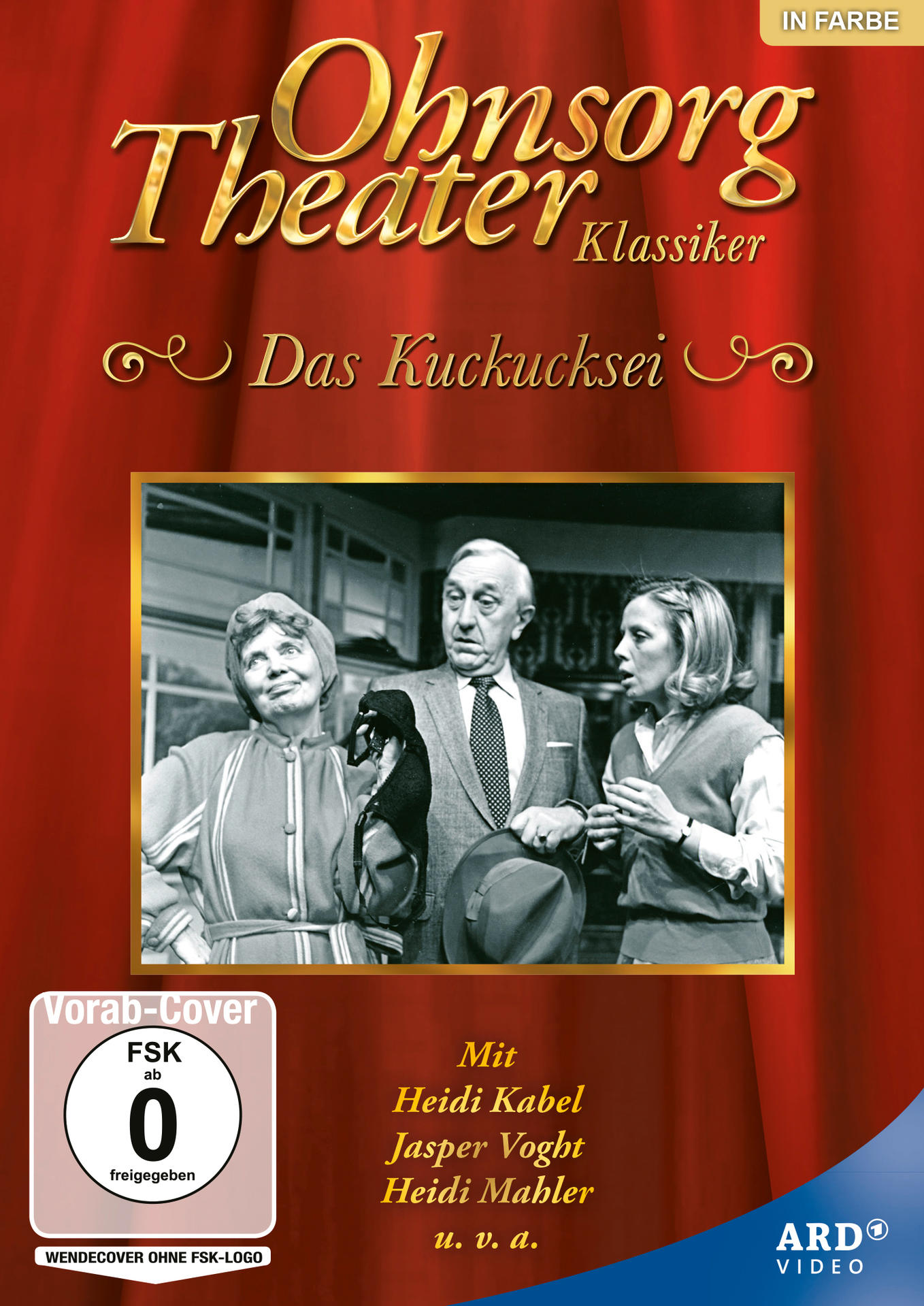 DVD-Cover, Ohnsorg Theater Klassiker. Drei Schauspieler auf der Bühne, roter Hintergrund.