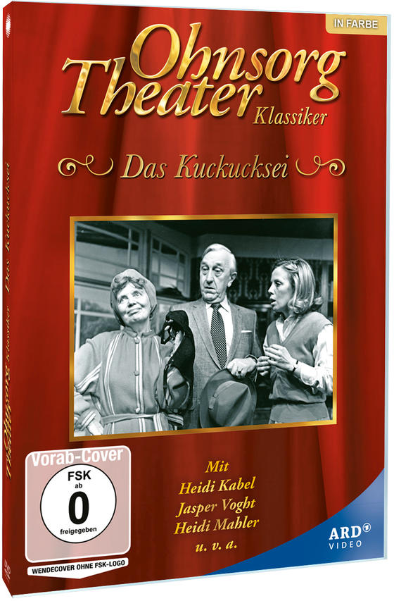 DVD-Cover eines deutschen Theaterstücks mit Schauspielern auf der Bühne und roten Vorhängen.