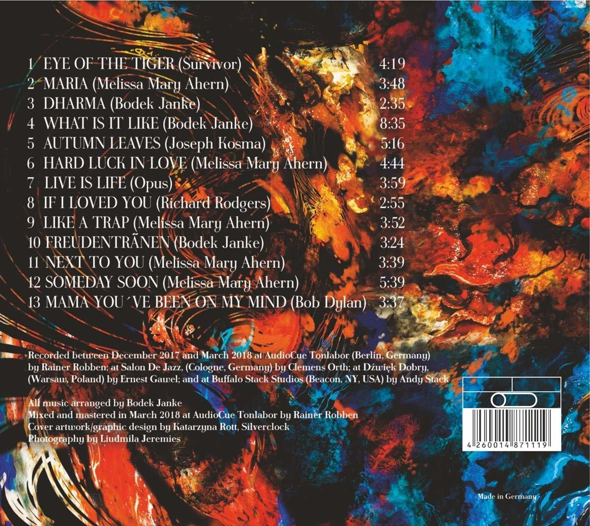 Albumcover mit Trackliste. Text auf Englisch. Farben sind Orange, Gelb und Blau.