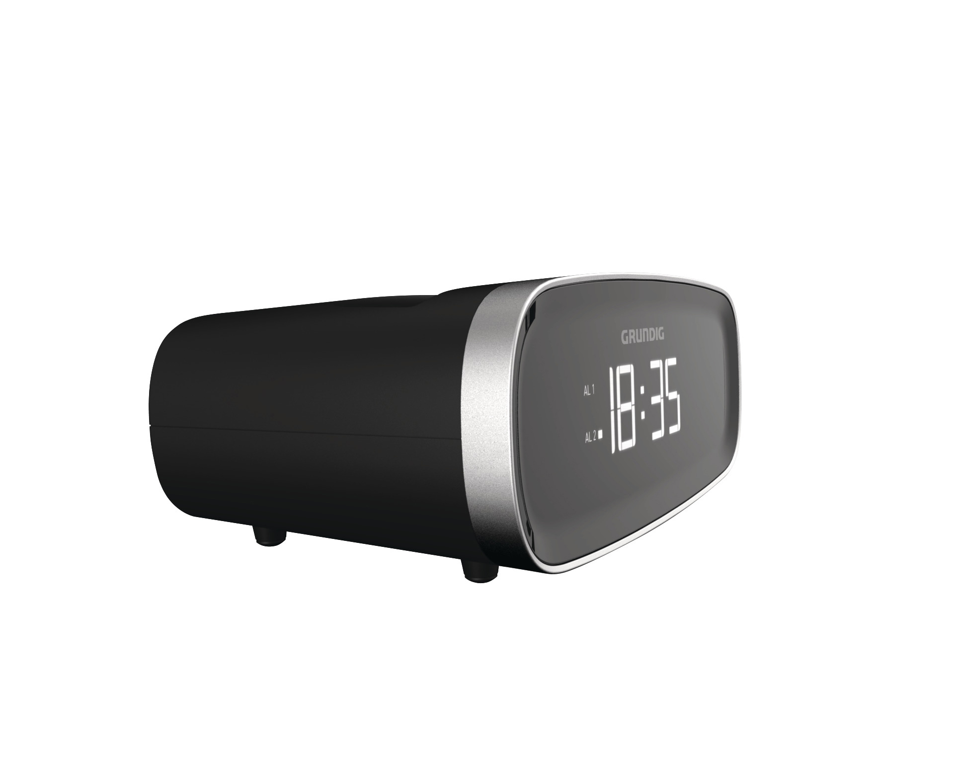 Schwarzer digitaler Grundig-Wecker, der die Uhrzeit 18:35 anzeigt, auf weißem Hintergrund.