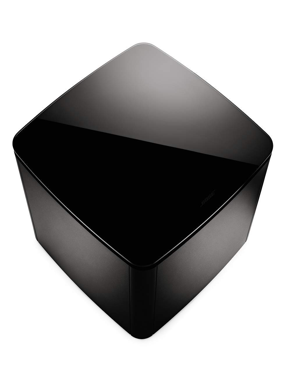 Caisson de basses Bose noir, vue de dessus. Surface noire brillante. Logo Bose sur le côté.