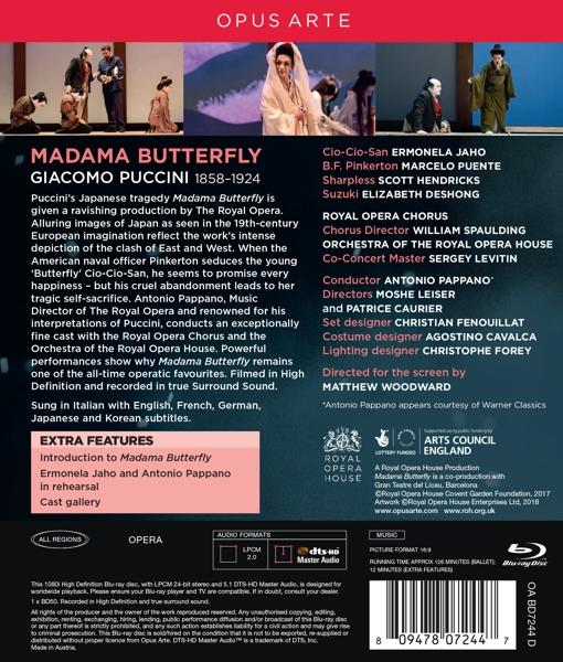 DVD-Box für die Oper Madama Butterfly. Das Bild zeigt eine Frau in einem Kimono, Text über die Oper.