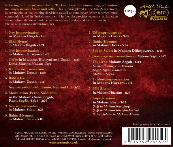 CD-Rückseite mit Trackliste, Text über Sufi-Musik und Credits. Dunkelroter Hintergrund.