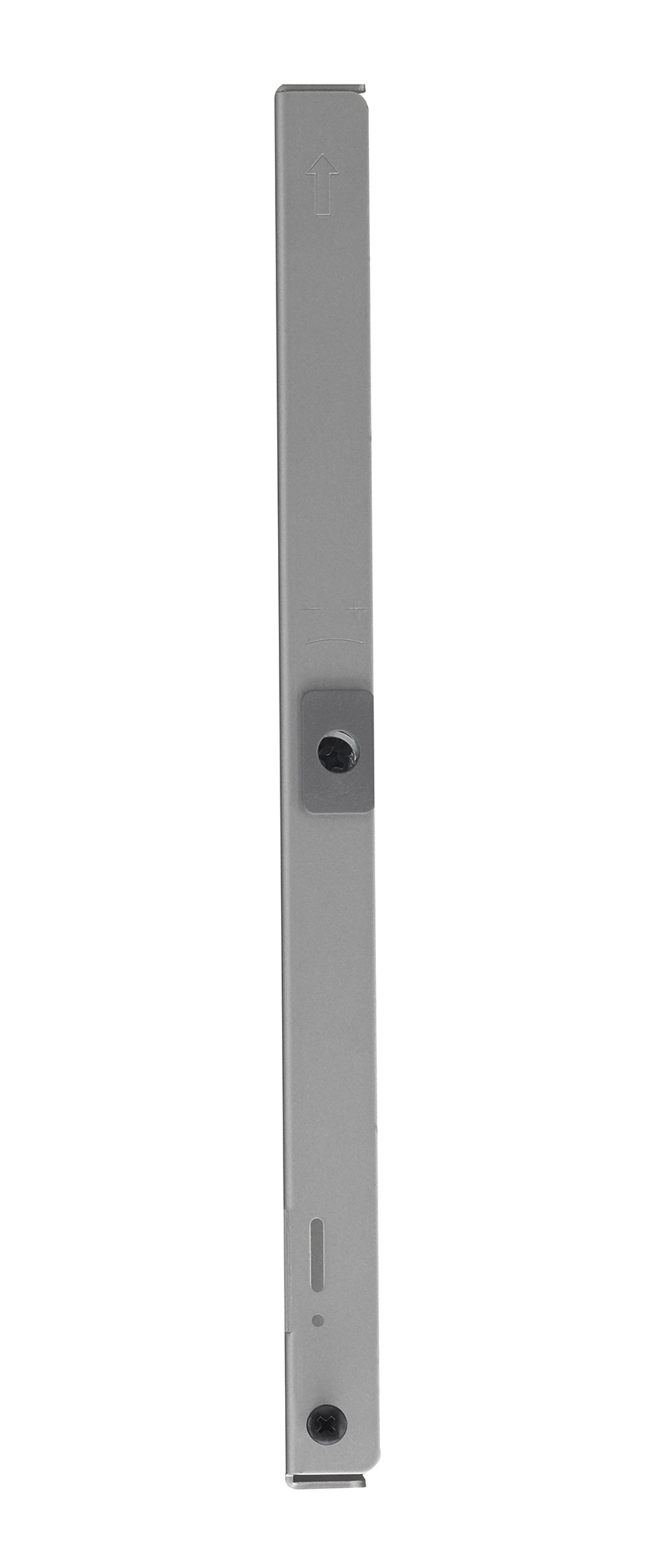 Een grijze, slanke metalen staaf met een donkere schroef en een klein gat, tegen een witte achtergrond.