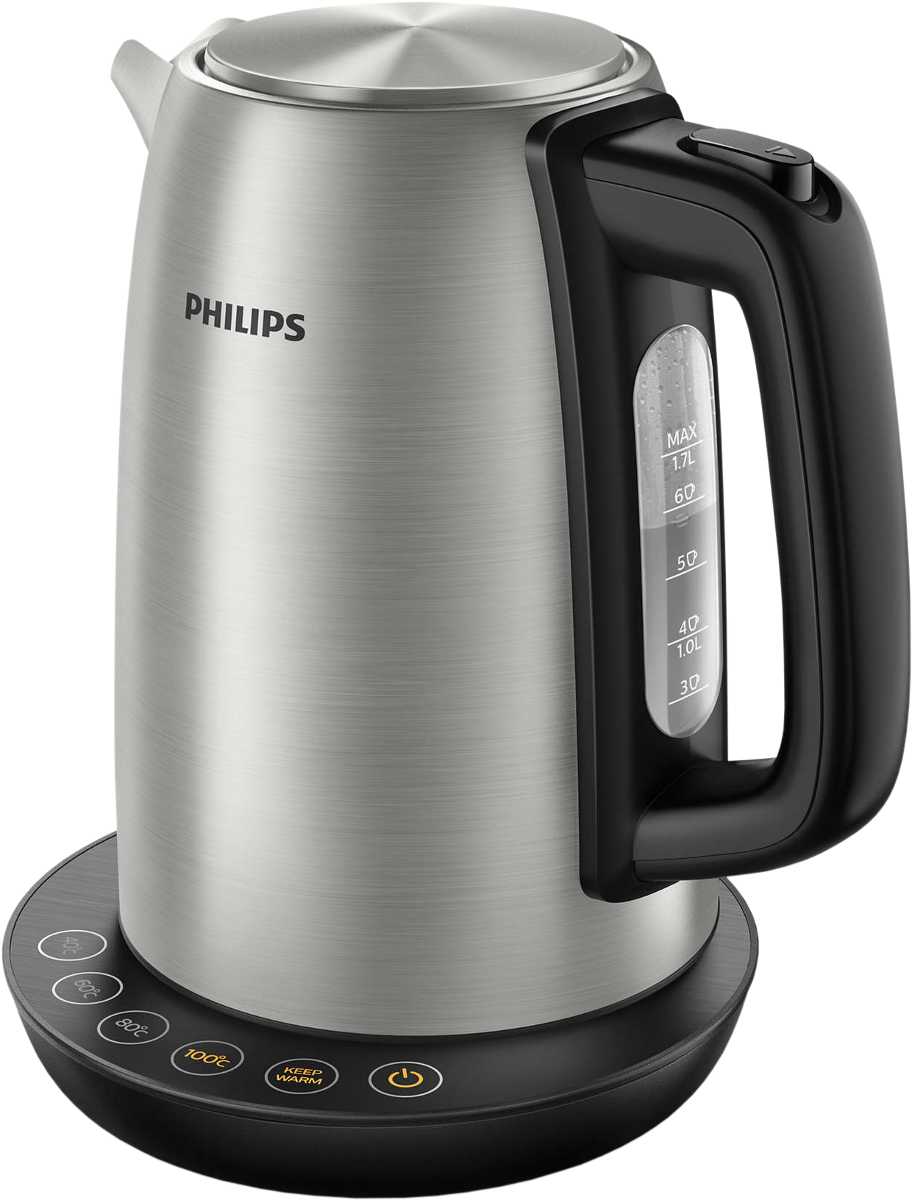 Bollitore elettrico Philips in acciaio inox. Base nera con pulsanti.