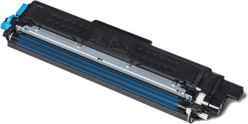 Cartouche de toner d'imprimante Brother noire et bleue, en angle, avec fond blanc.