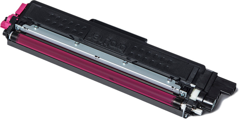Une cartouche de toner magenta avec des composants noirs et argentés, sur fond blanc.
