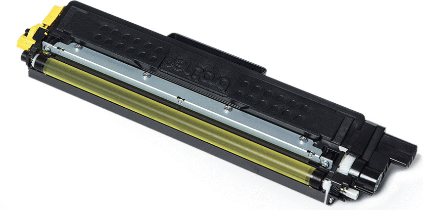 Une cartouche de toner Brother jaune et noir sur fond blanc.