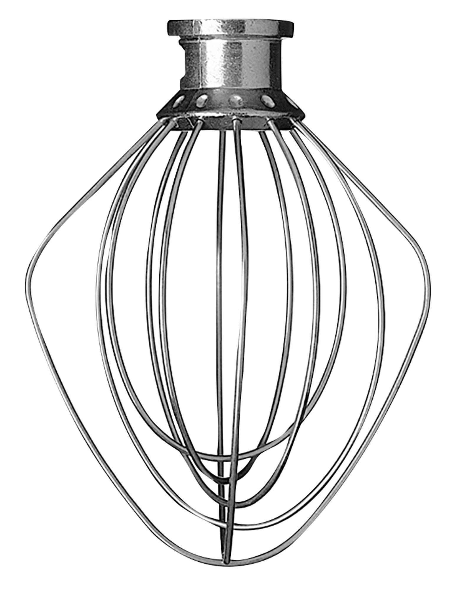 Metall-Schneebesen-Aufsatz für einen Mixer. Er hat einen oberen Aufsatz und Drahtschlaufen.