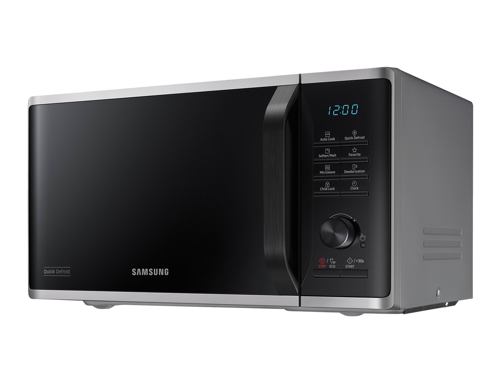 Schwarzer Samsung Mikrowellenherd mit Digitaluhr und Bedienfeld rechts.
