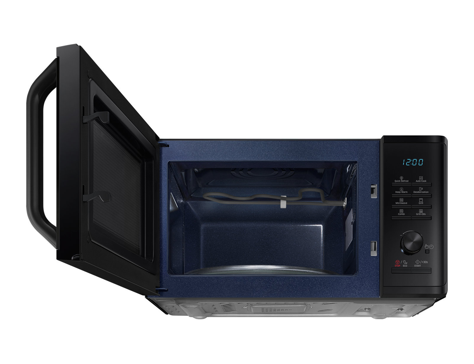 Forno a microonde nero, porta aperta. Interno blu. Comandi a destra. Maniglia nera a sinistra.