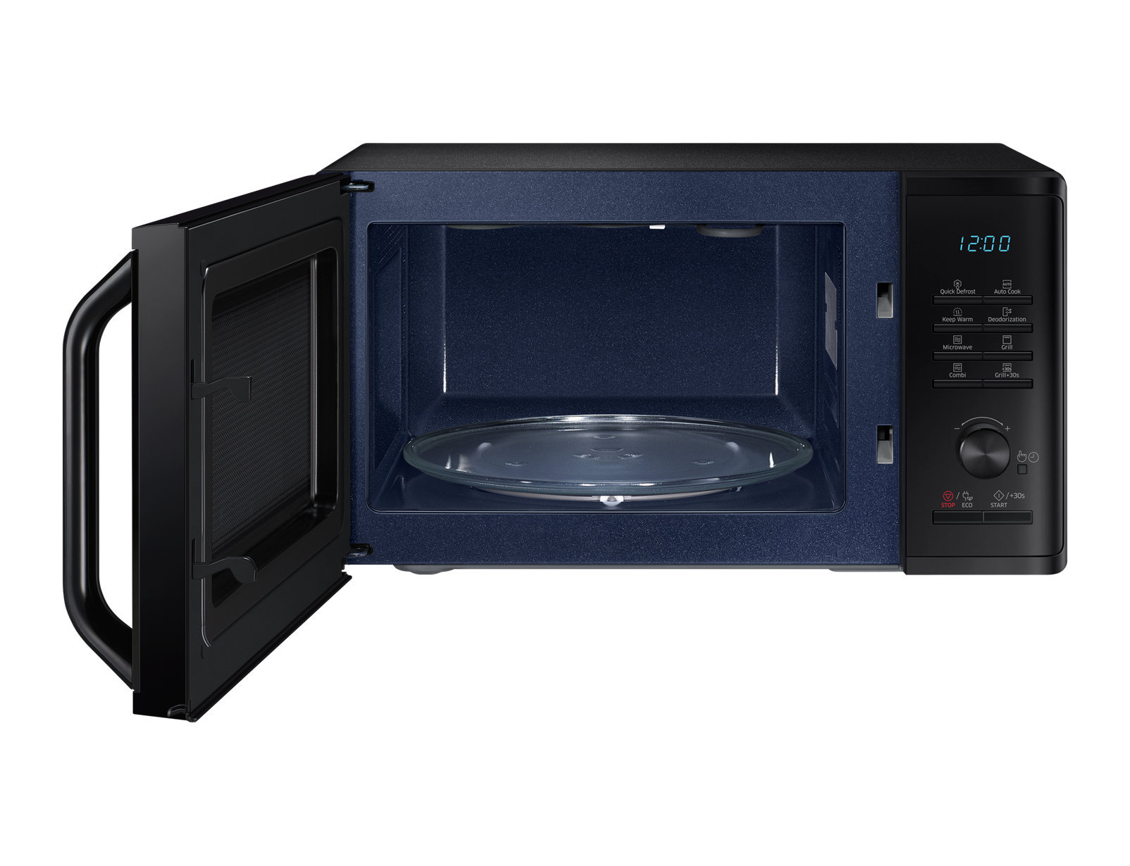 Forno a microonde nero con la porta aperta, che mostra l'interno e il pannello di controllo.