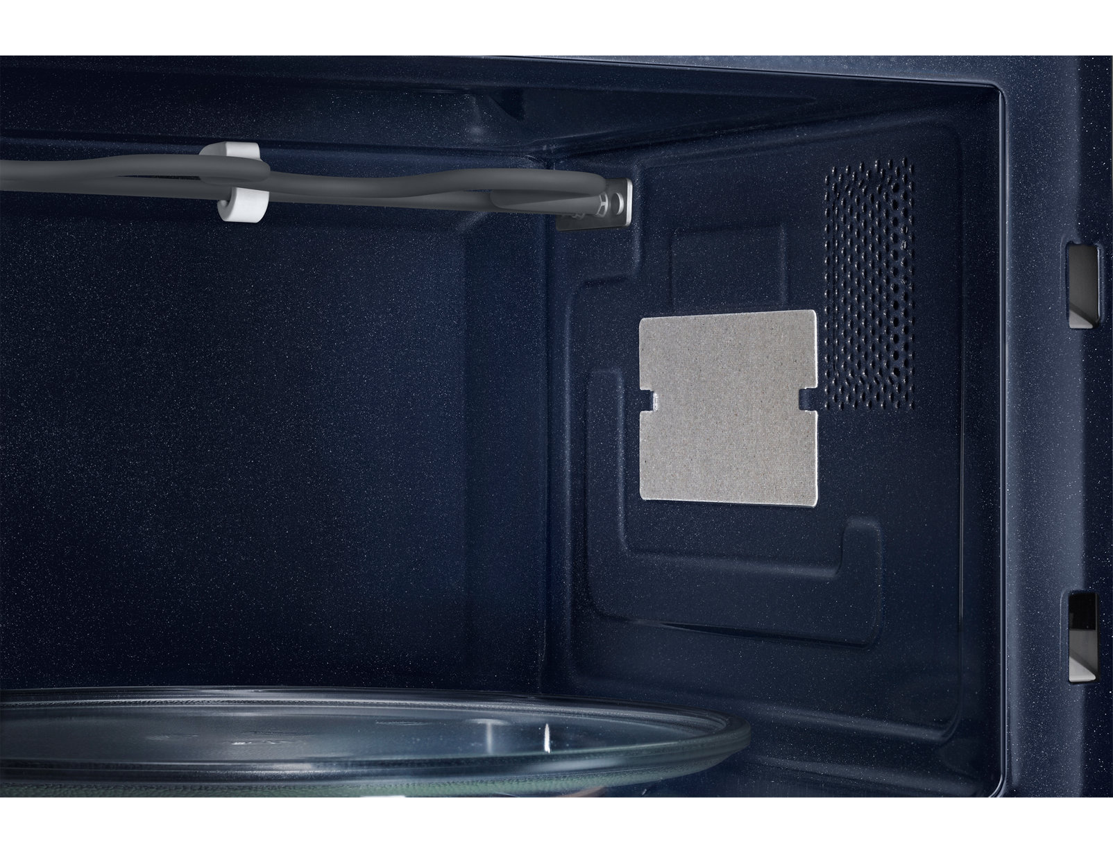 Interno di un forno a microonde. Interno blu scuro, un piatto di vetro e una piastra metallica.