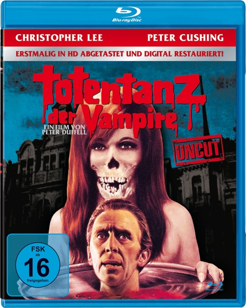 Filmposter mit einer Frau mit Totenkopfgesicht. Ein Mann befindet sich in einem Wasserbecken. Titel: Totentanz der Vampire.