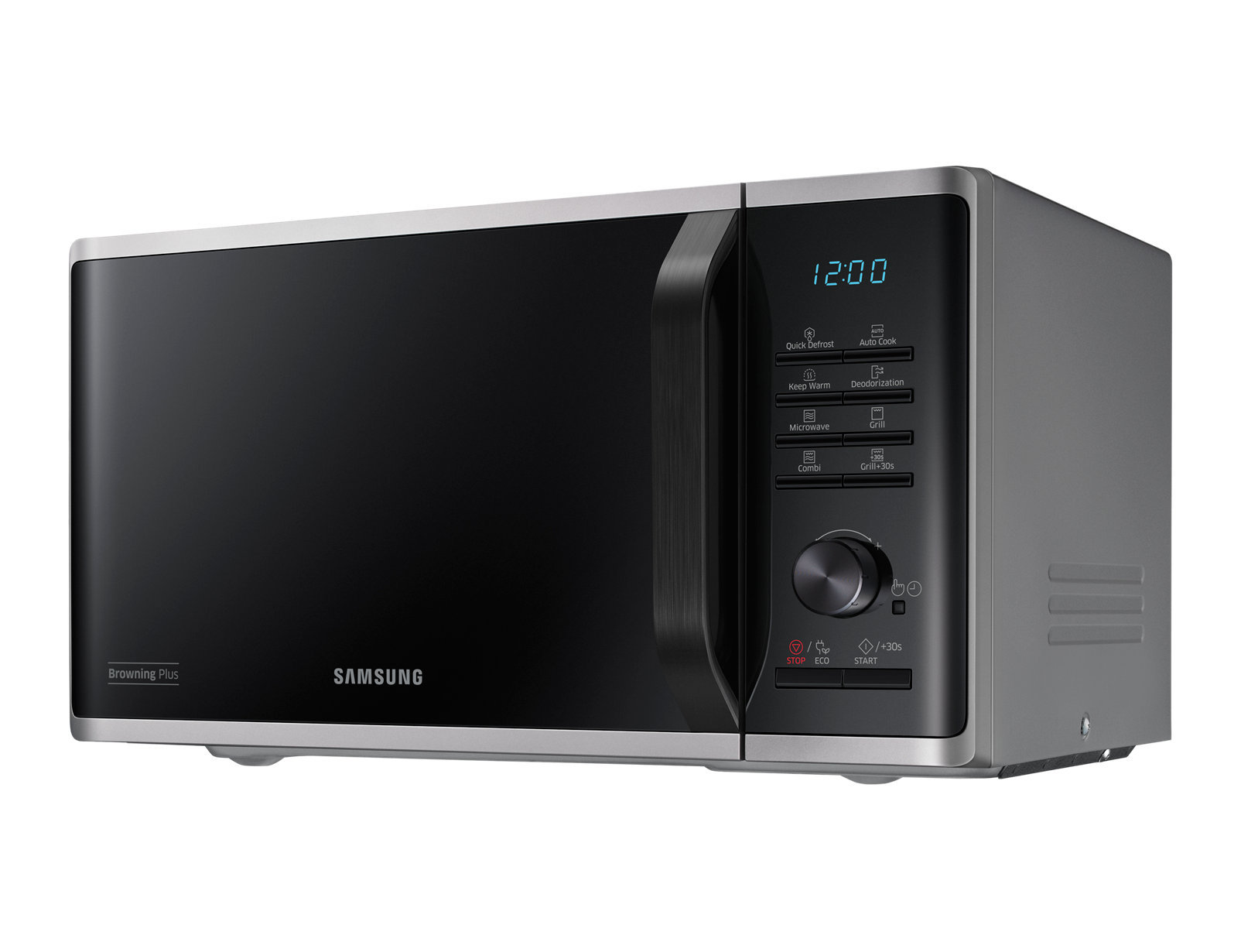 Schwarze Samsung Mikrowelle. Bedienelemente rechts. Browning Plus Funktion.