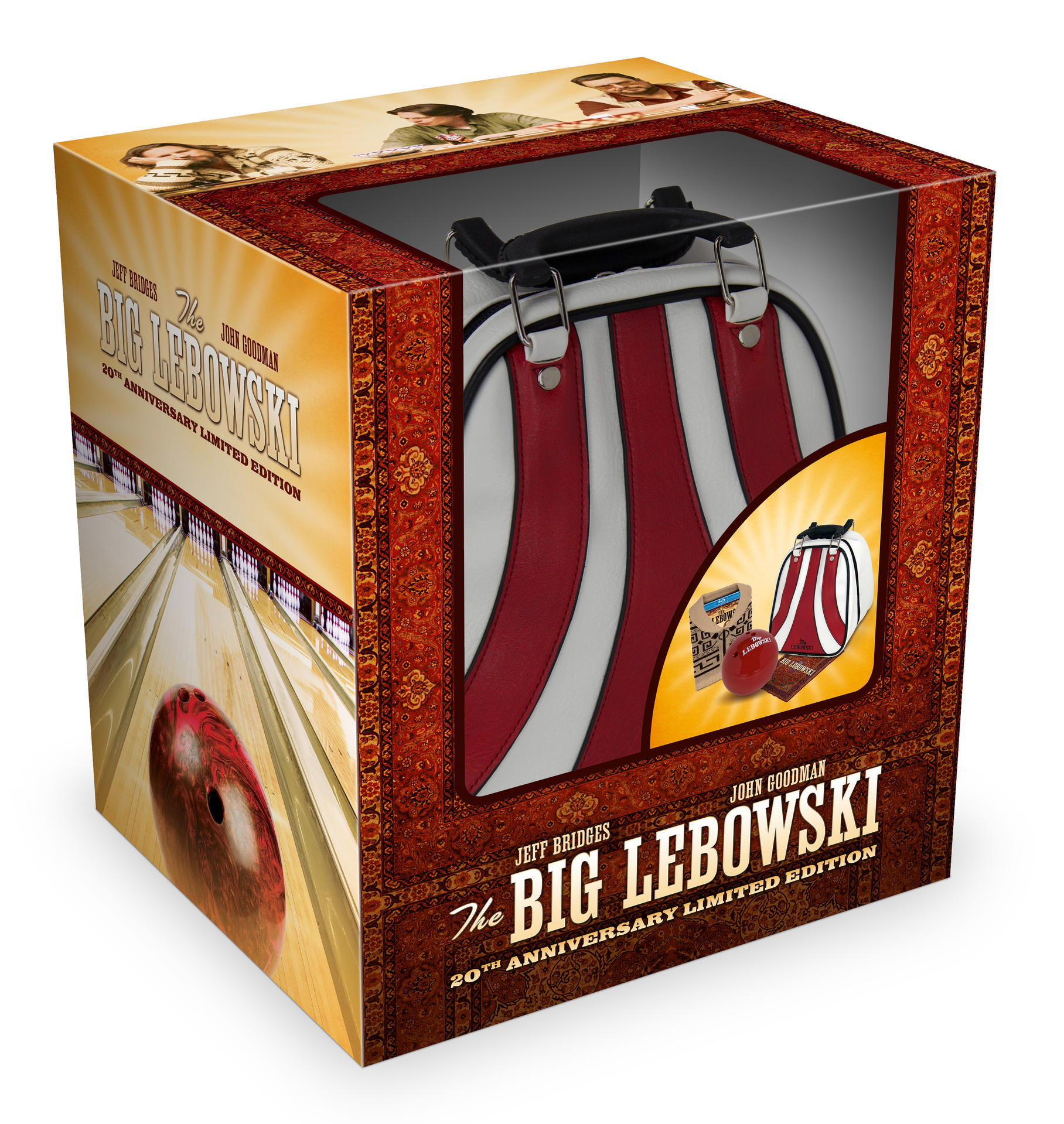Eine Big Lebowski-Box-Set. Enthält eine Bowlingtasche, Kegel und andere Sammlerstücke.