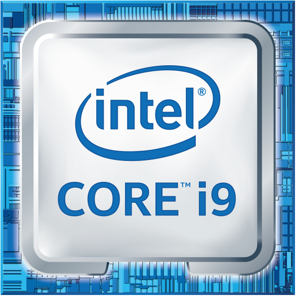 Intel Core i9 Logo auf einem weißen Quadrat in einem blau-weißen Design.