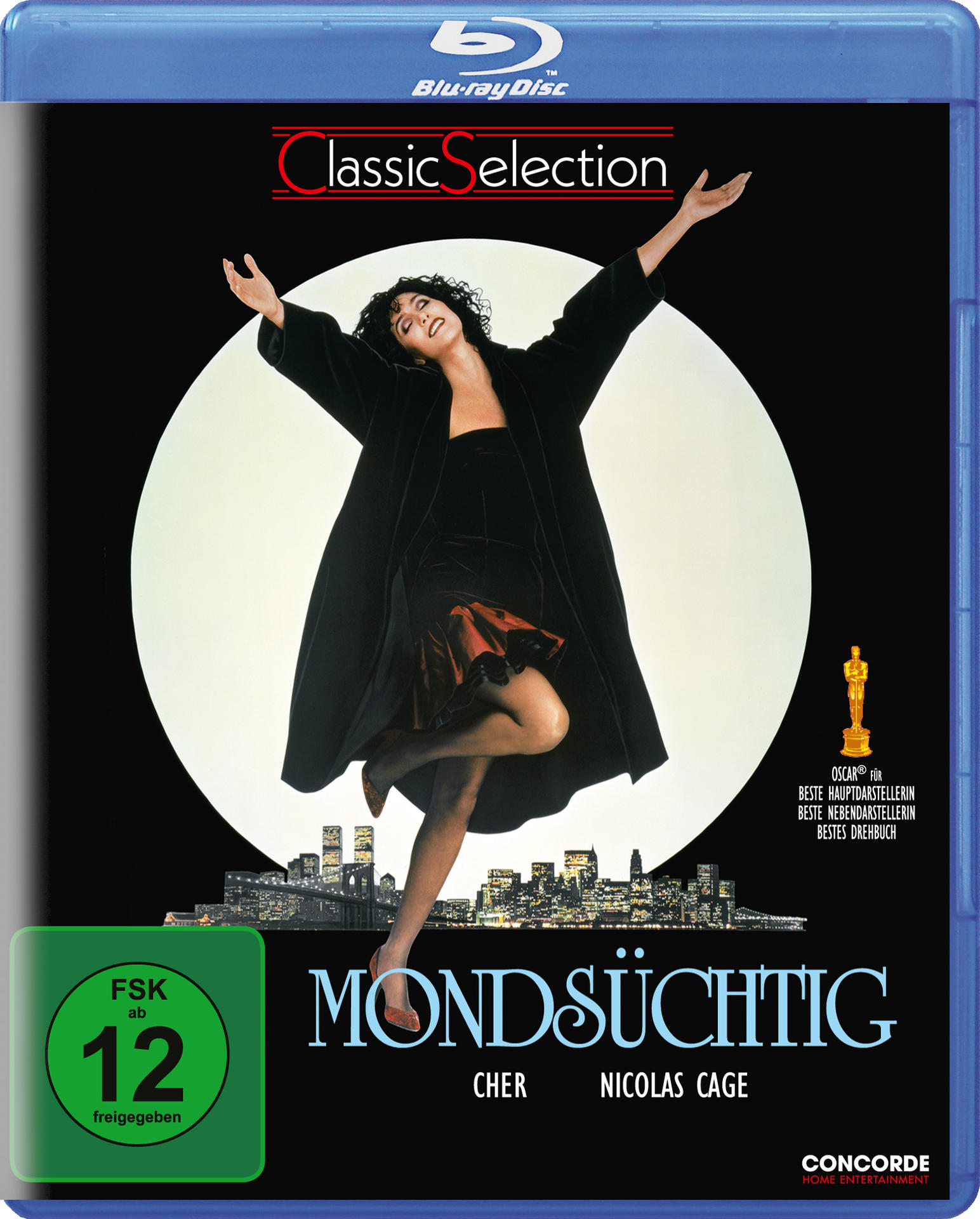 Eine Frau in schwarzem Mantel und Kleid posiert vor einem weißen Kreis. Der Titel 'Mondsüchtig' steht darunter.